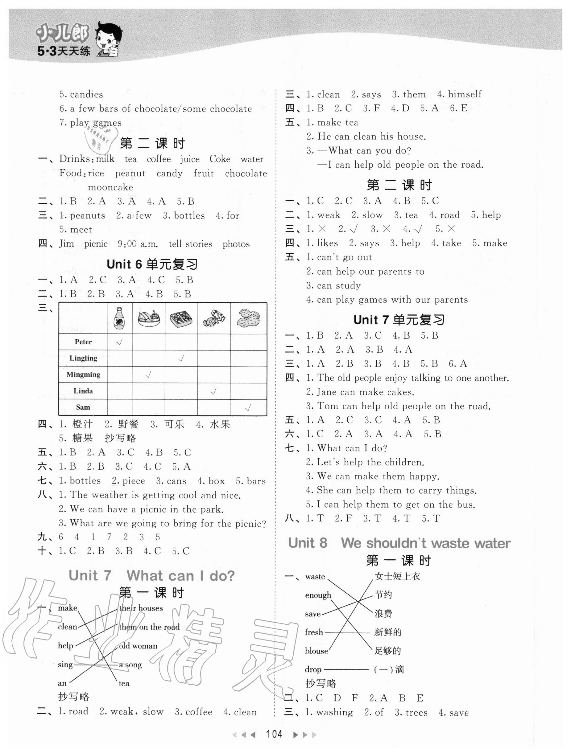 2020年53天天练小学英语六年级上册湘少版 参考答案第4页