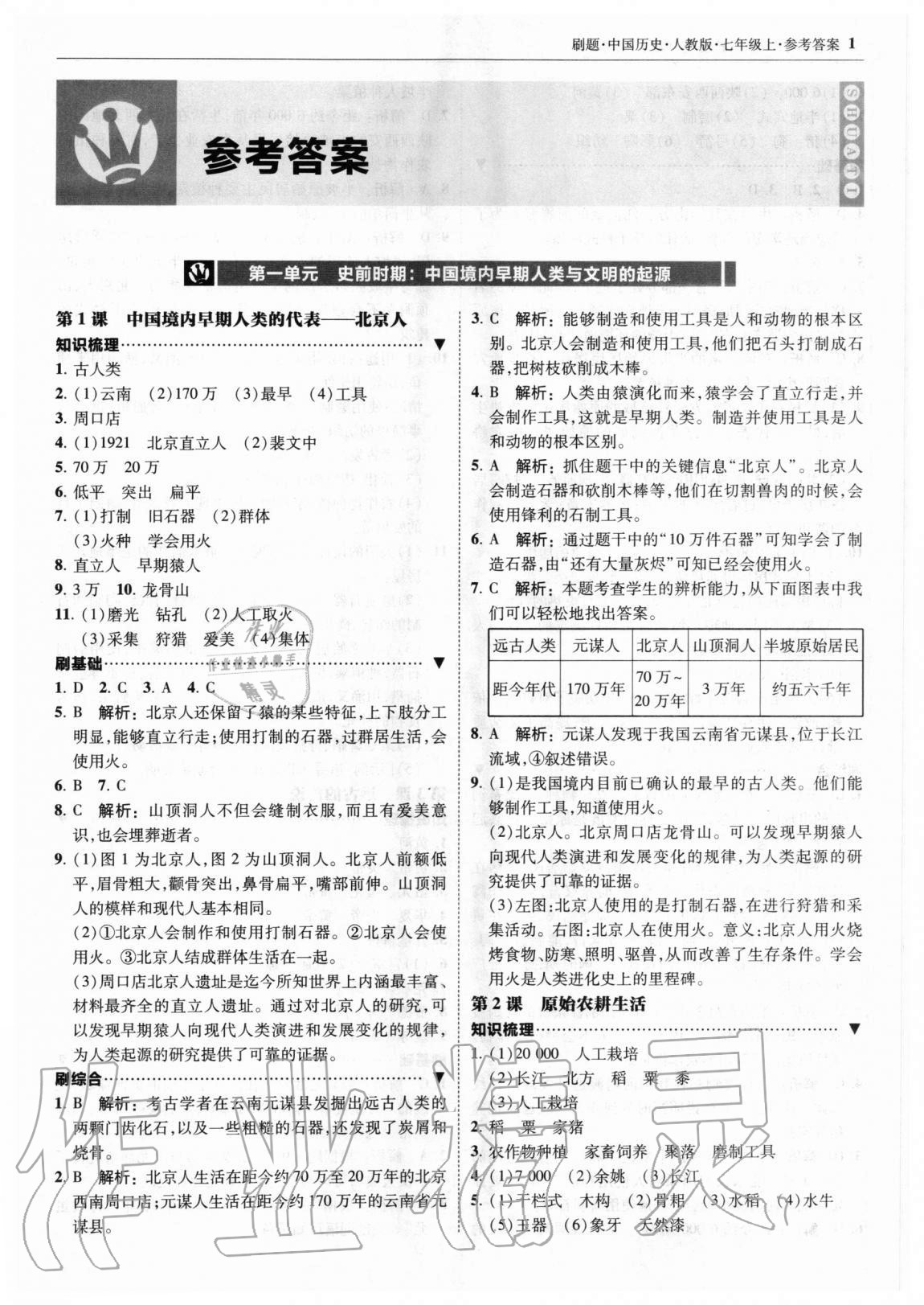 2020年北大绿卡刷题七年级中国历史上册人教版 参考答案第1页