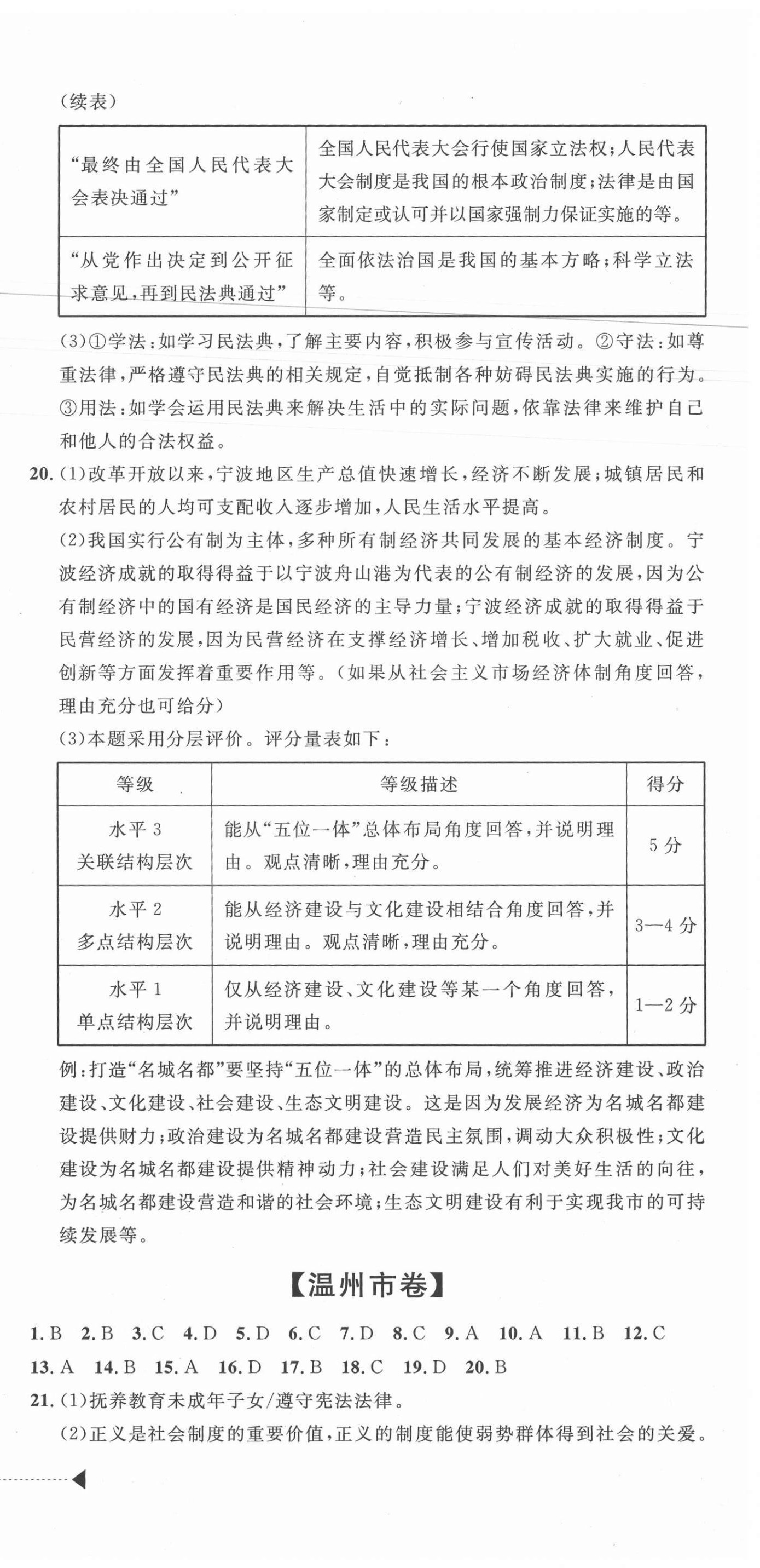 2020年中考利劍最新3年浙江省中考試卷匯編社會政治 參考答案第3頁