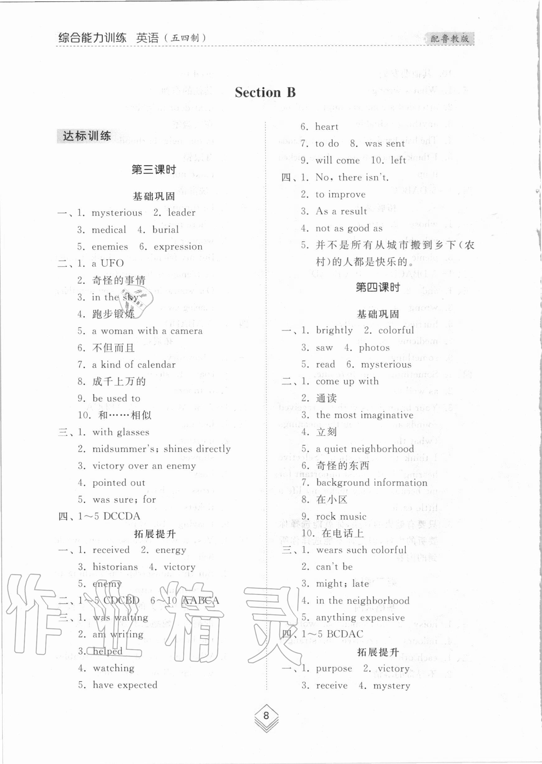 2020年綜合能力訓(xùn)練九年級英語全一冊1魯教版五四制 參考答案第8頁