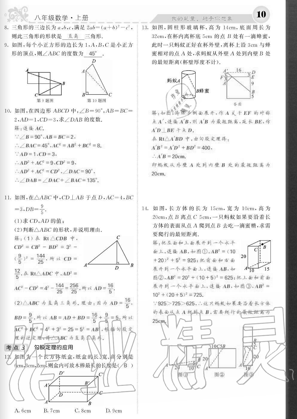 2020年課堂點睛八年級數學上冊北師大版寧夏專版 參考答案第10頁