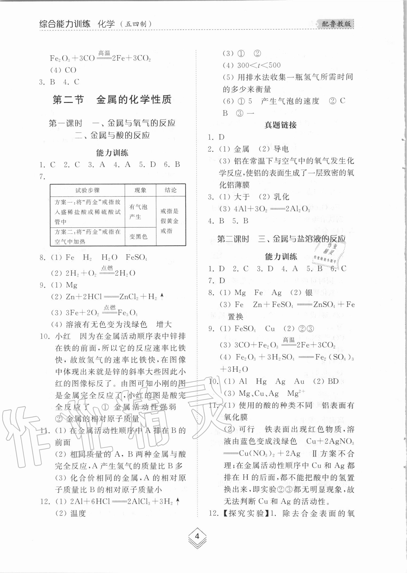 2020年综合能力训练九年级化学全一册2鲁教版五四制 参考答案第3页