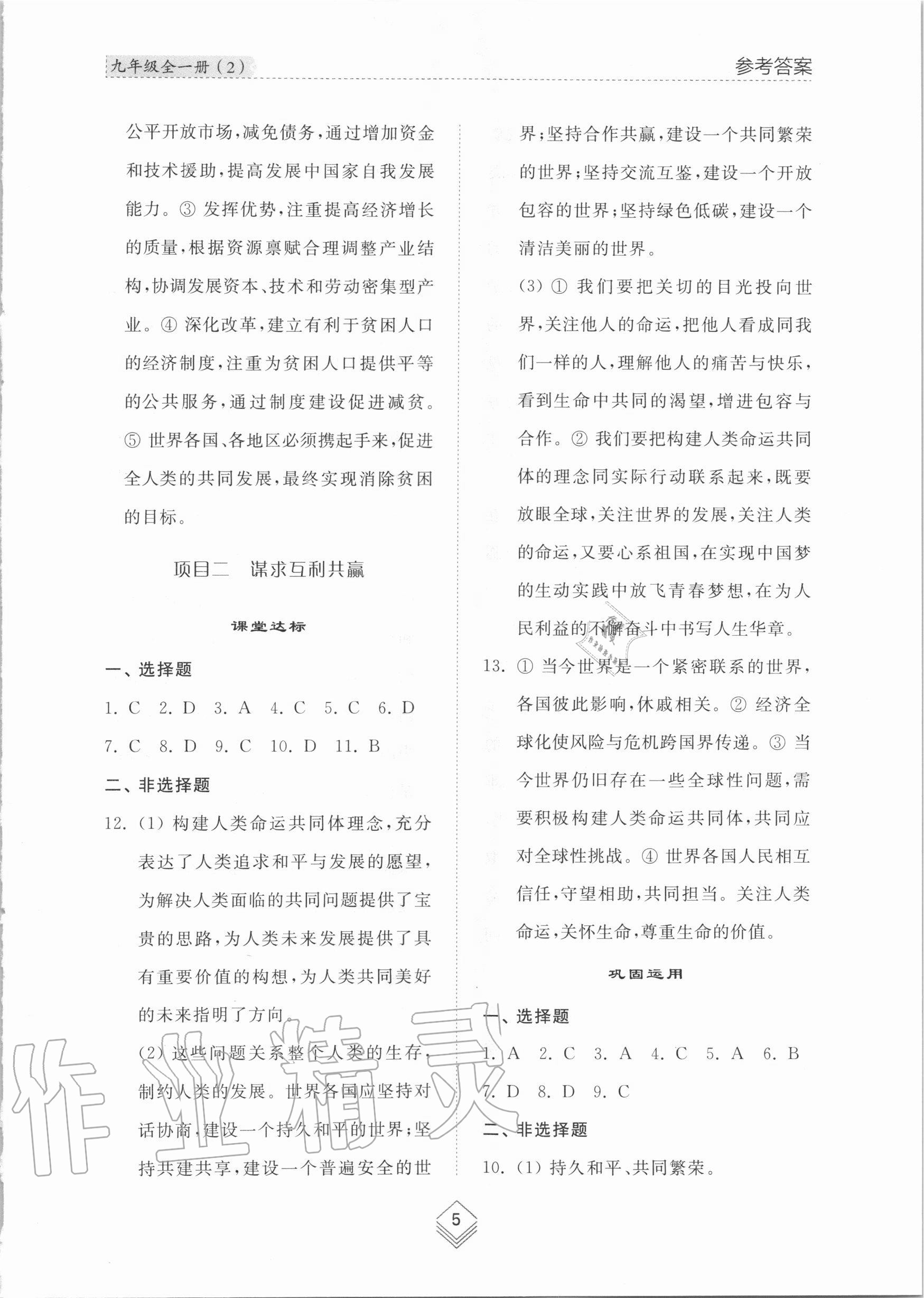 2020年綜合能力訓練九年級道德與法治全一冊2人教版五四制 參考答案第5頁