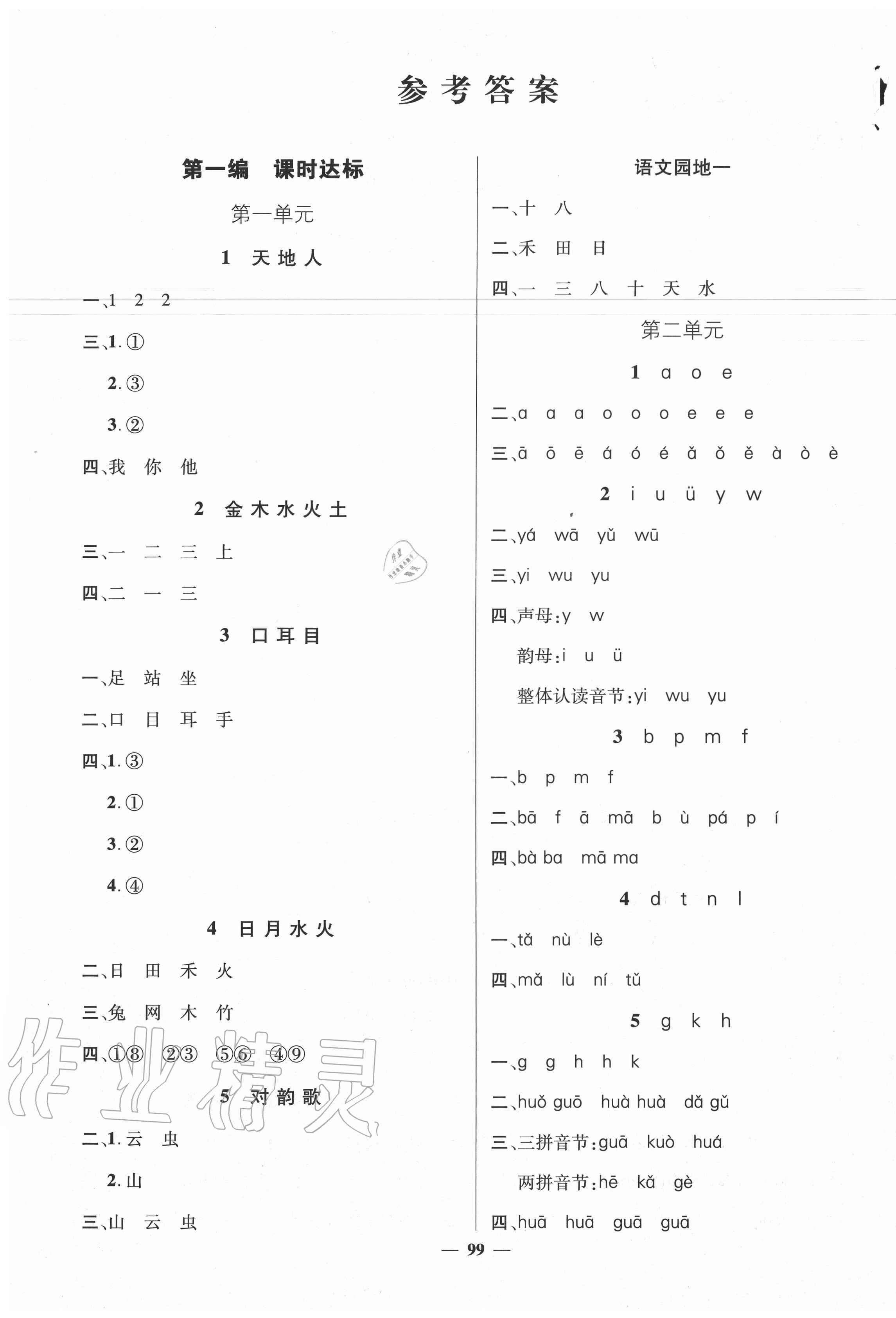 2020年名師測(cè)控一年級(jí)語(yǔ)文上冊(cè)人教版Ⅰ湖南專(zhuān)版 參考答案第1頁(yè)