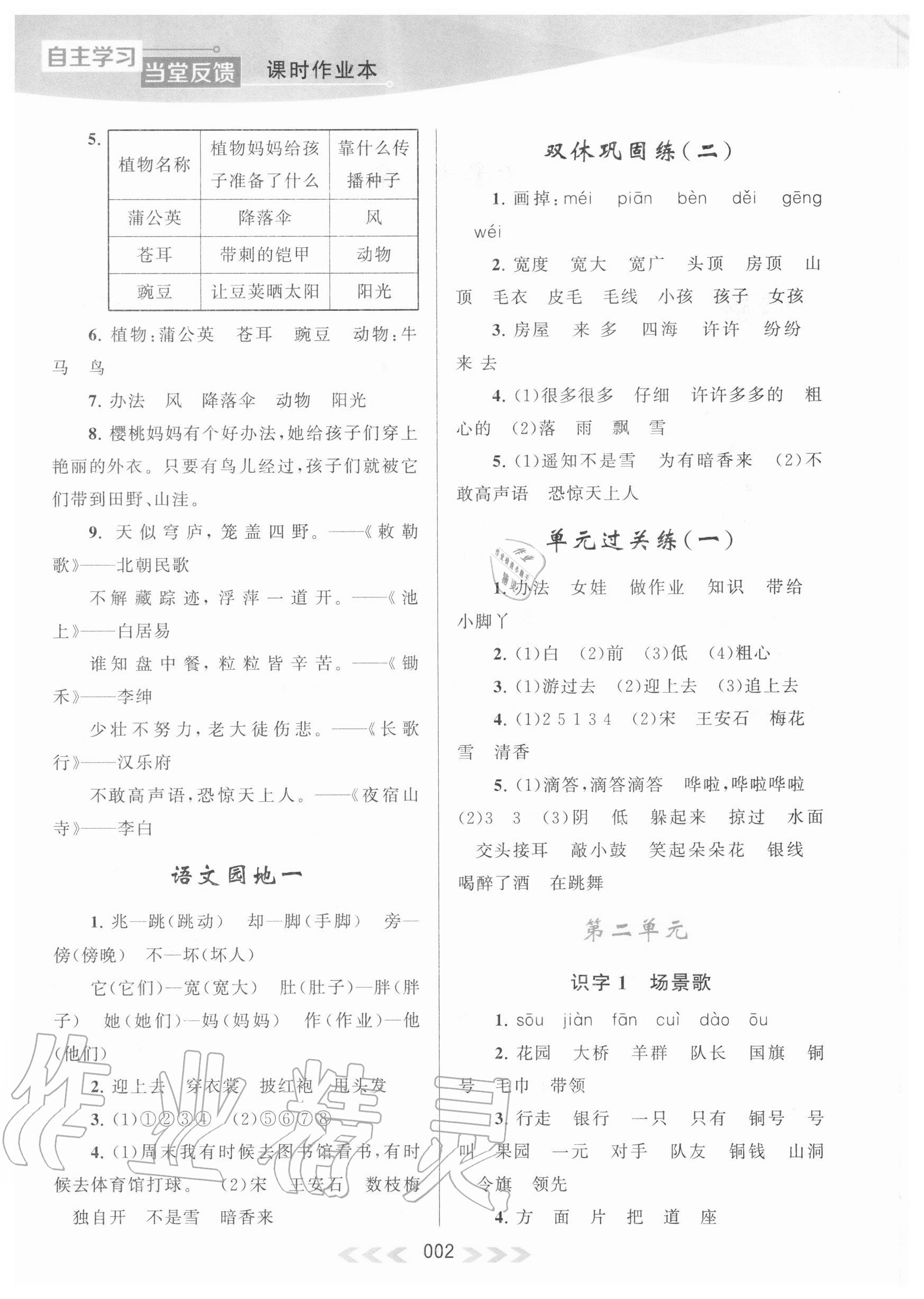 2020年自主學(xué)習(xí)當(dāng)堂反饋二年級(jí)語文上冊(cè)人教版 參考答案第2頁(yè)