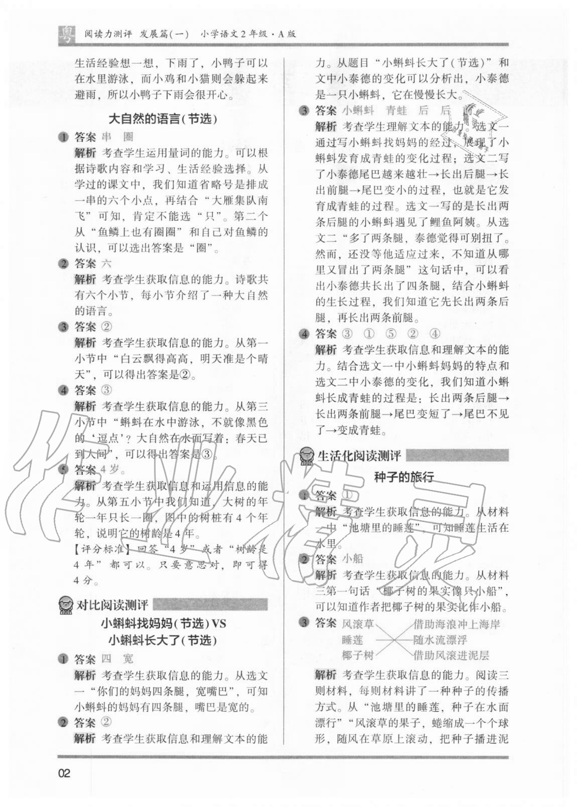 2020年木頭馬閱讀力測評小學語文二年級部編版A版廣東專版 參考答案第2頁