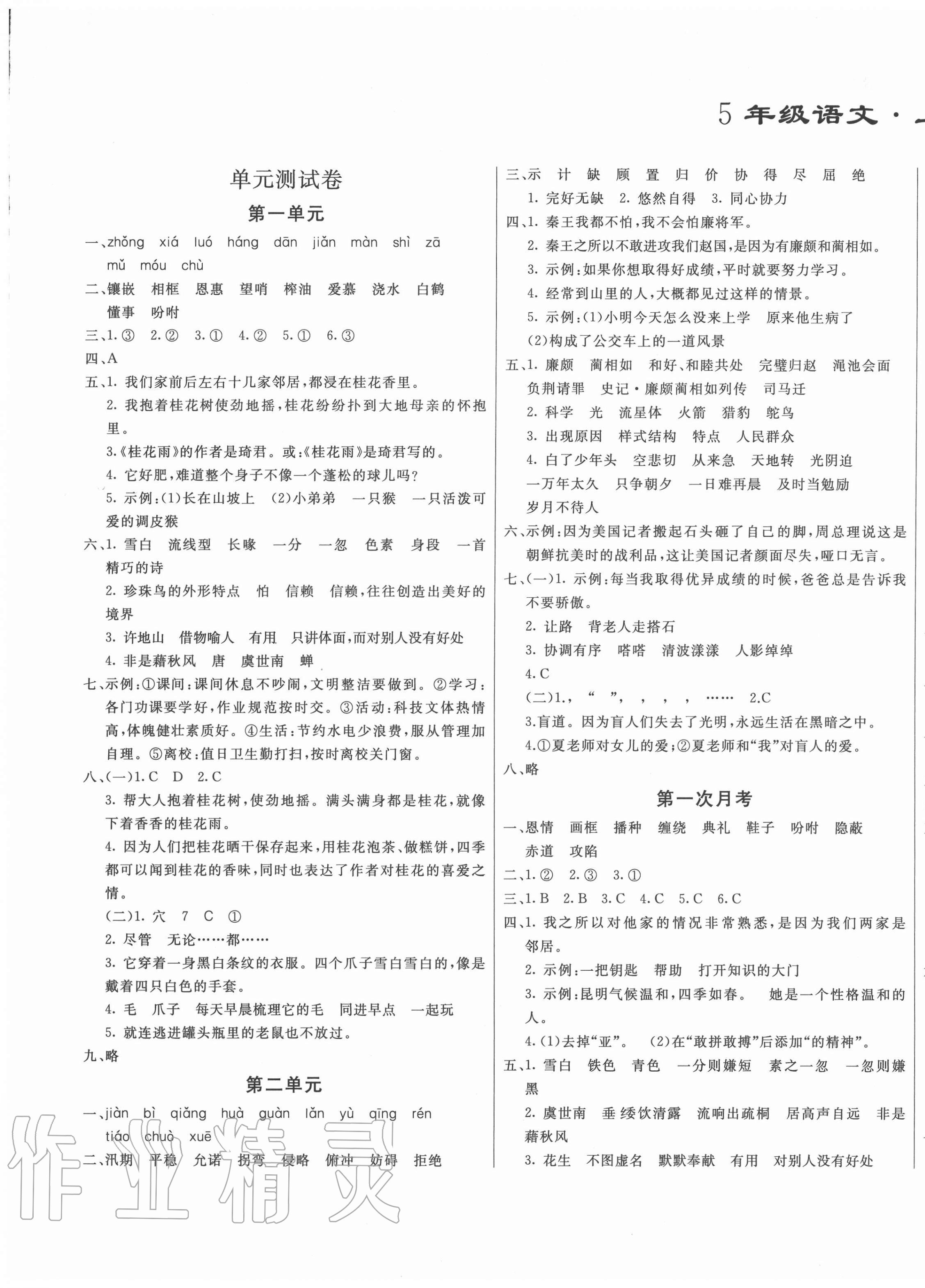 2020年亮點(diǎn)激活精編提優(yōu)100分大試卷五年級(jí)語文上冊(cè)人教版 參考答案第1頁