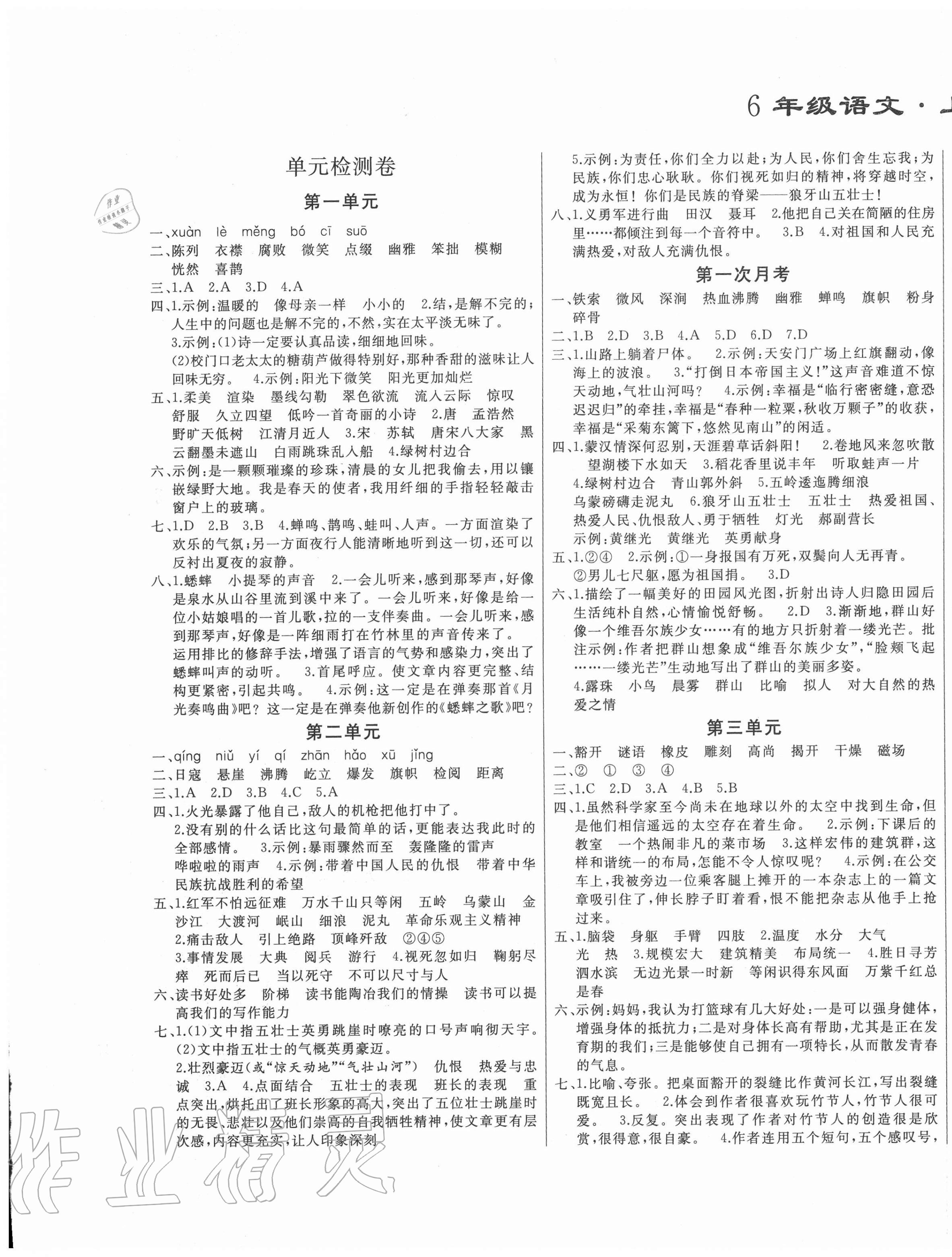 2020年亮点激活精编提优100分大试卷六年级语文上册人教版 参考答案第1页