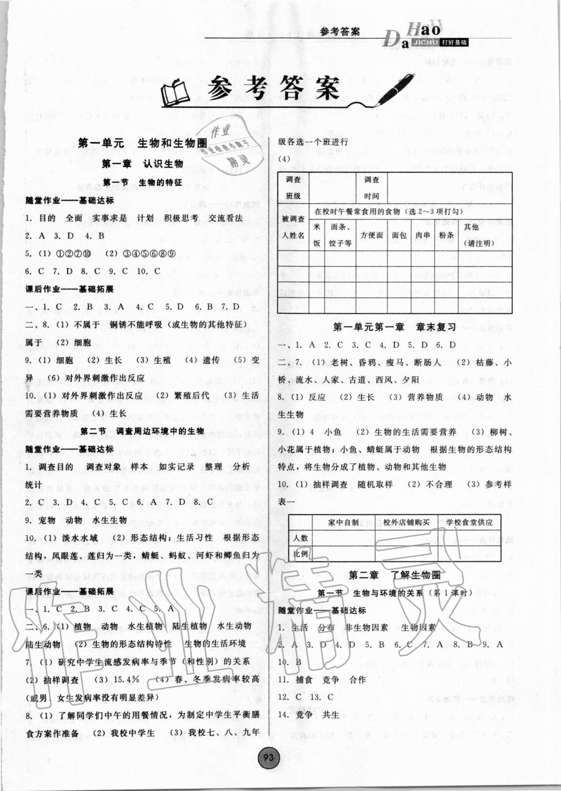 2020年勝券在握打好基礎(chǔ)作業(yè)本七年級生物上冊人教版 第1頁