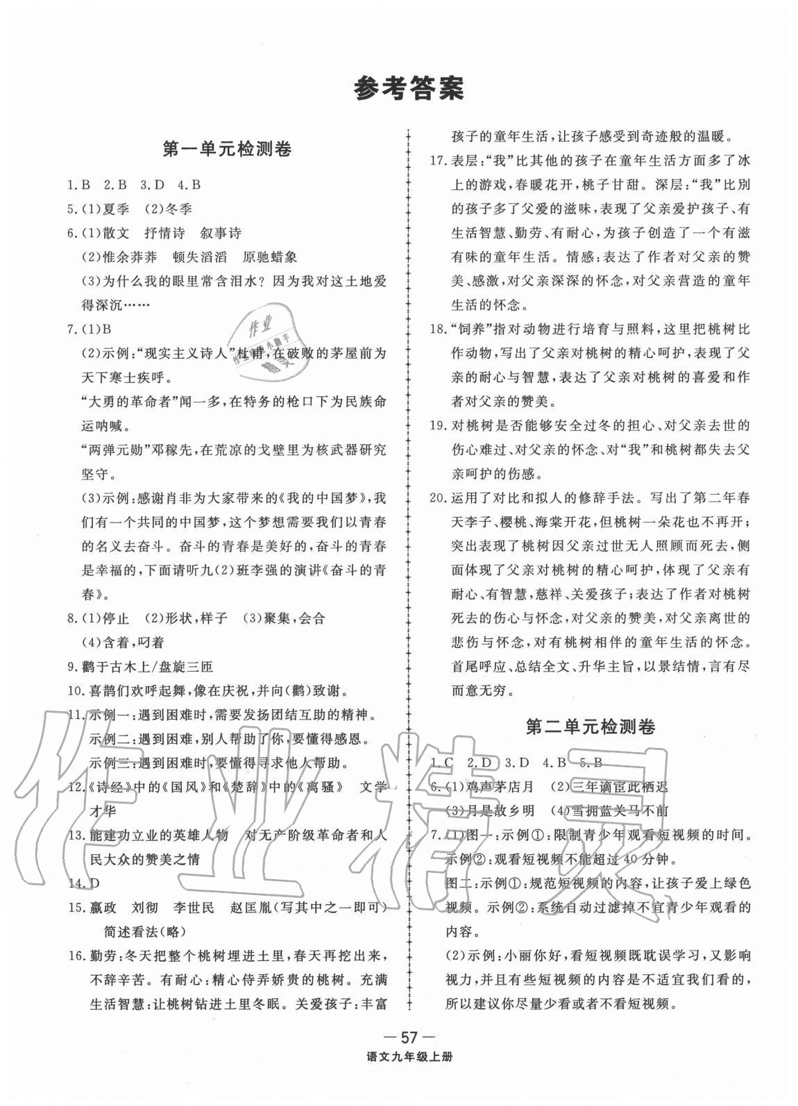 2020年同步練習(xí)冊(cè)配套單元檢測(cè)卷九年級(jí)語(yǔ)文上冊(cè)人教版 參考答案第1頁(yè)