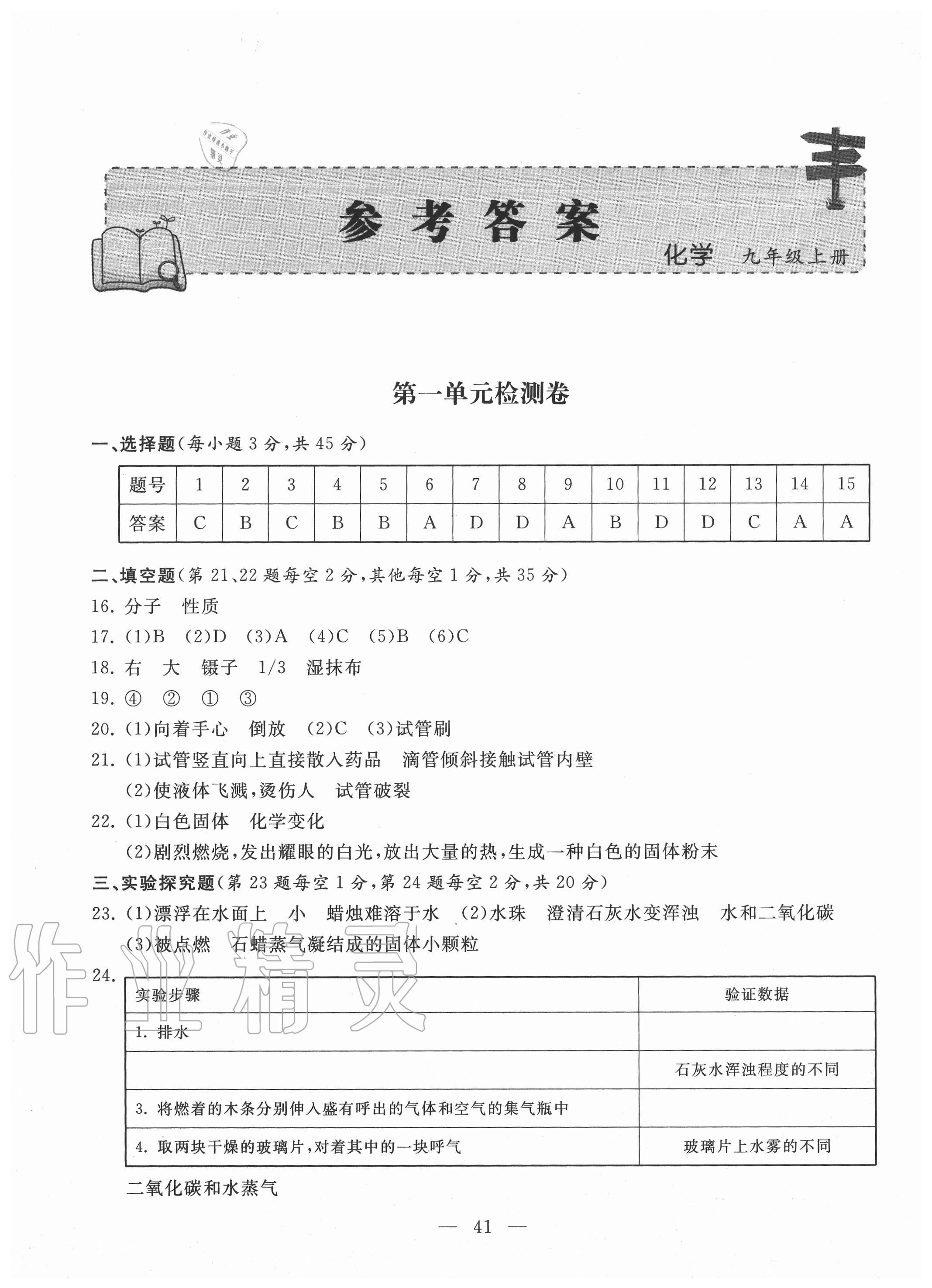 2020年同步练习册配套单元检测卷九年级化学上册人教版 参考答案第1页