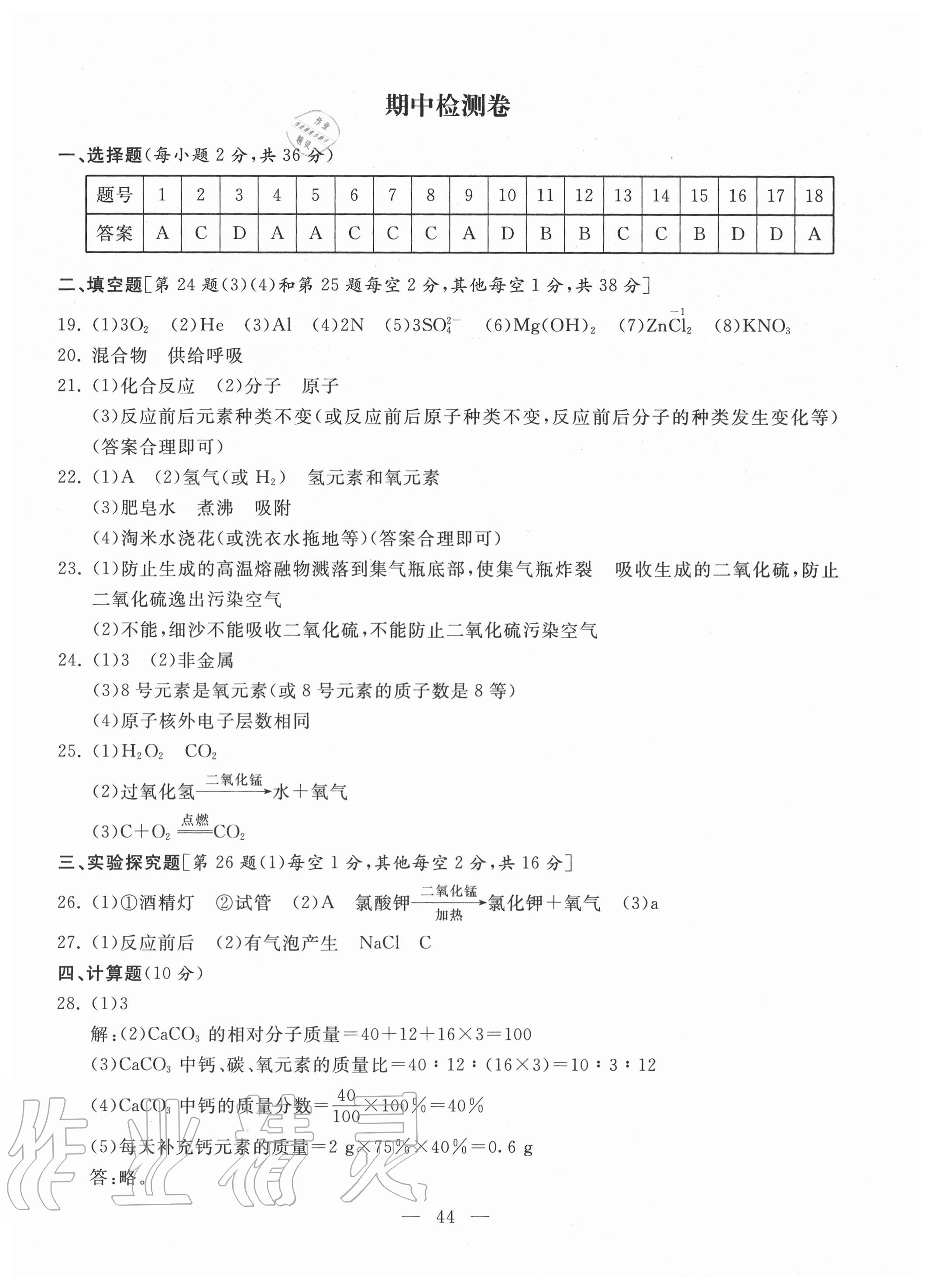 2020年同步練習冊配套單元檢測卷九年級化學上冊人教版 參考答案第4頁