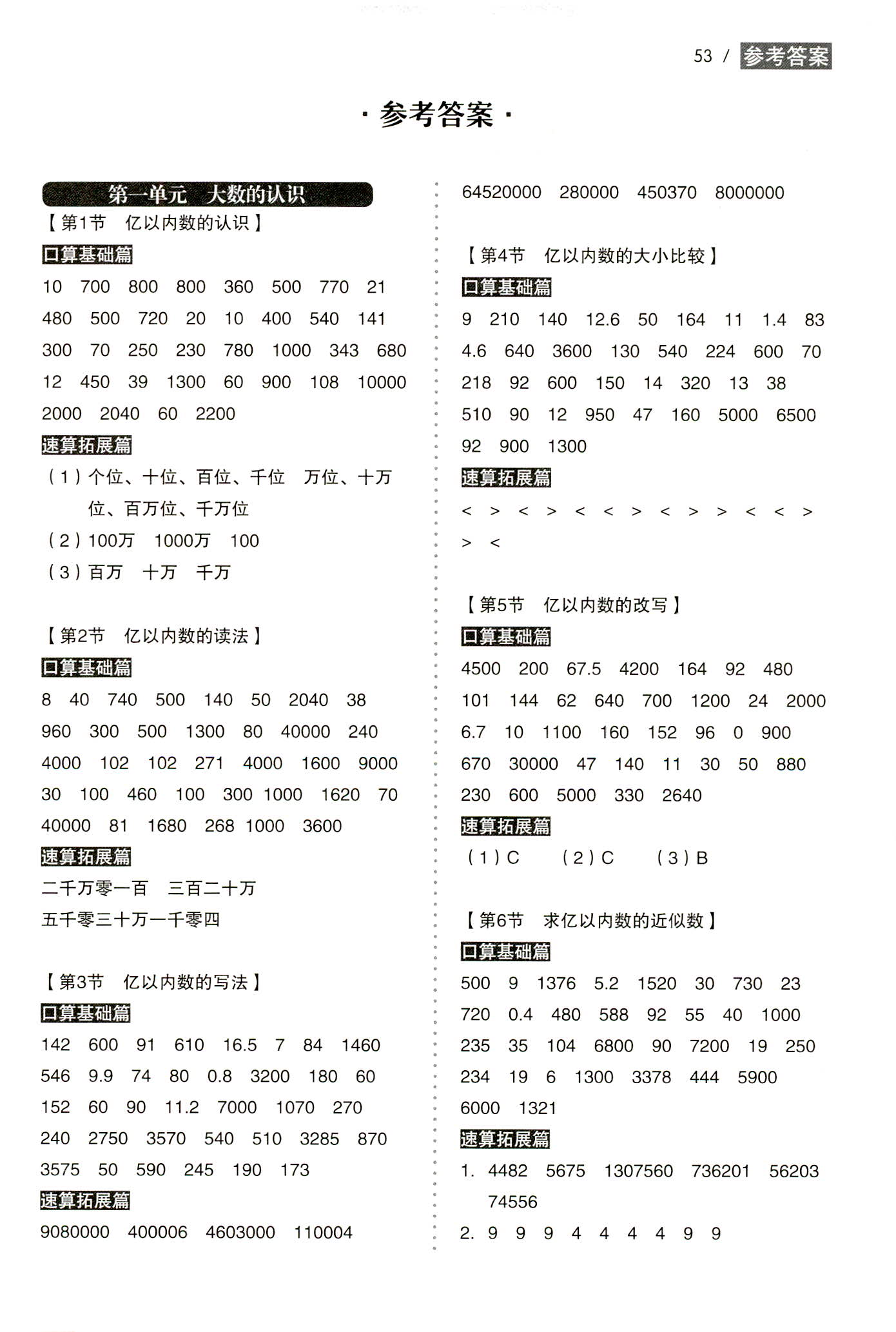 2020年小学生口算速算同步练四年级数学上册人教版 参考答案第1页