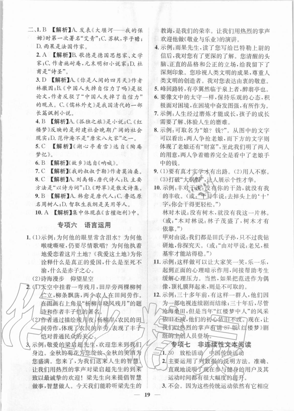 2020年考點專練九年級語文全一冊人教版深圳專版 參考答案第19頁