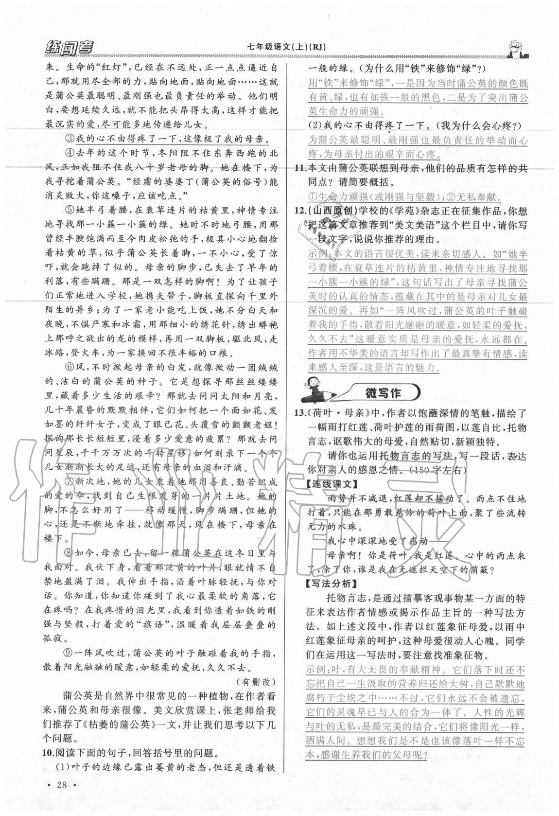 2020年黃岡金牌之路練闖考七年級語文上冊人教版山西專版 參考答案第28頁