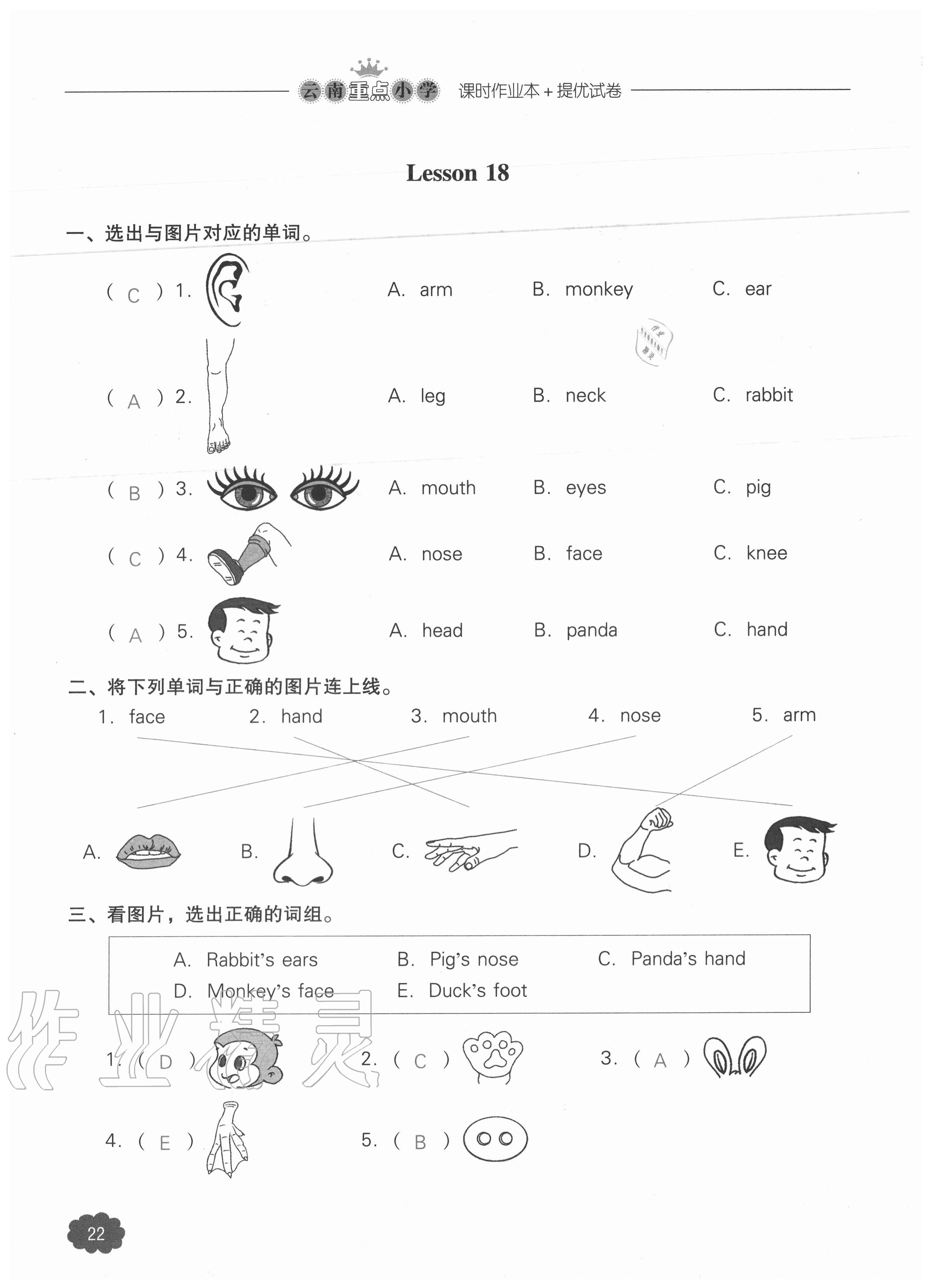 2020年課時作業(yè)本加提優(yōu)試卷三年級英語上冊人教版三年級起點 參考答案第22頁