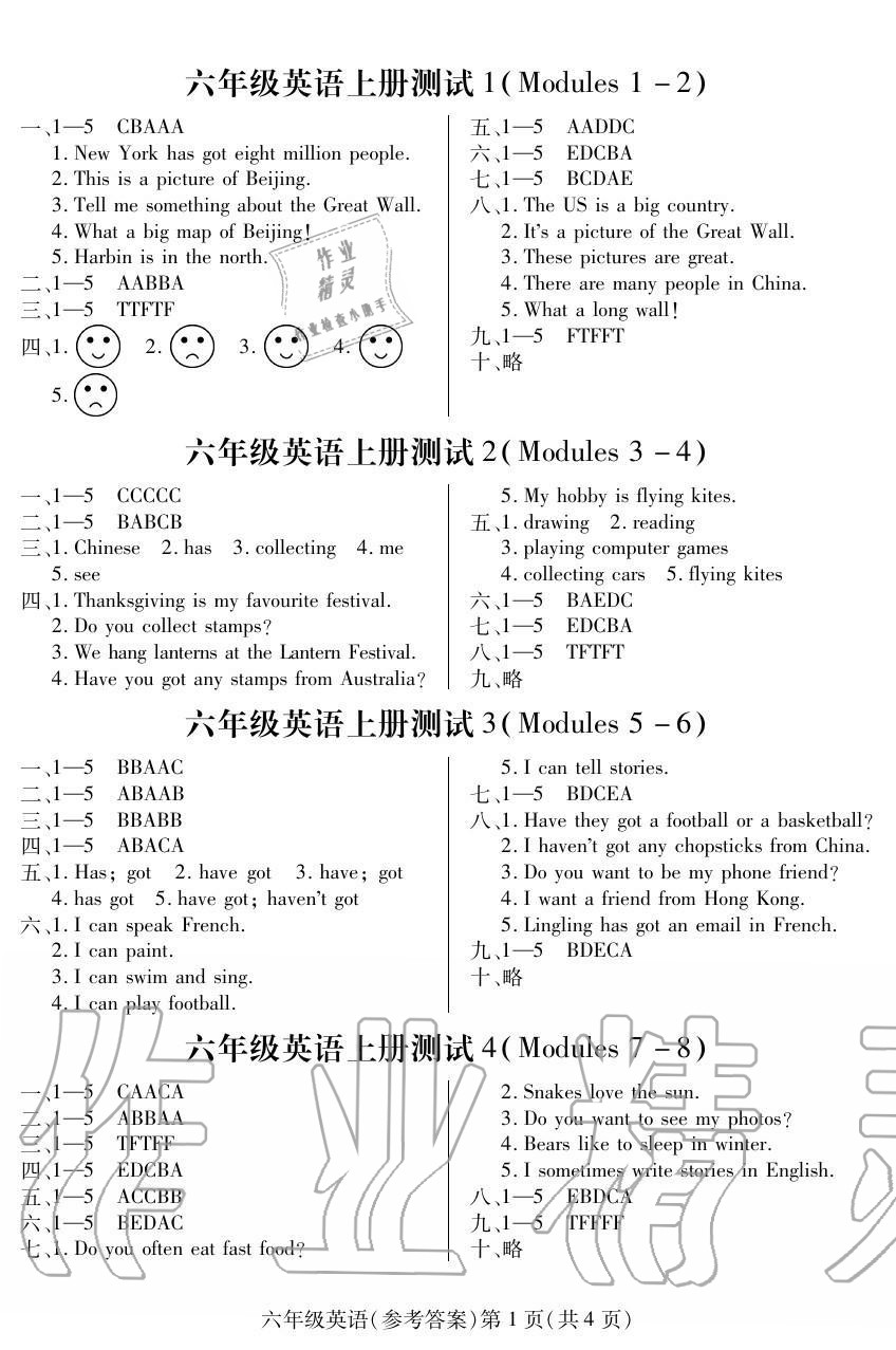 2020年新課程同步訓(xùn)練六年級英語上冊外研版 參考答案第1頁