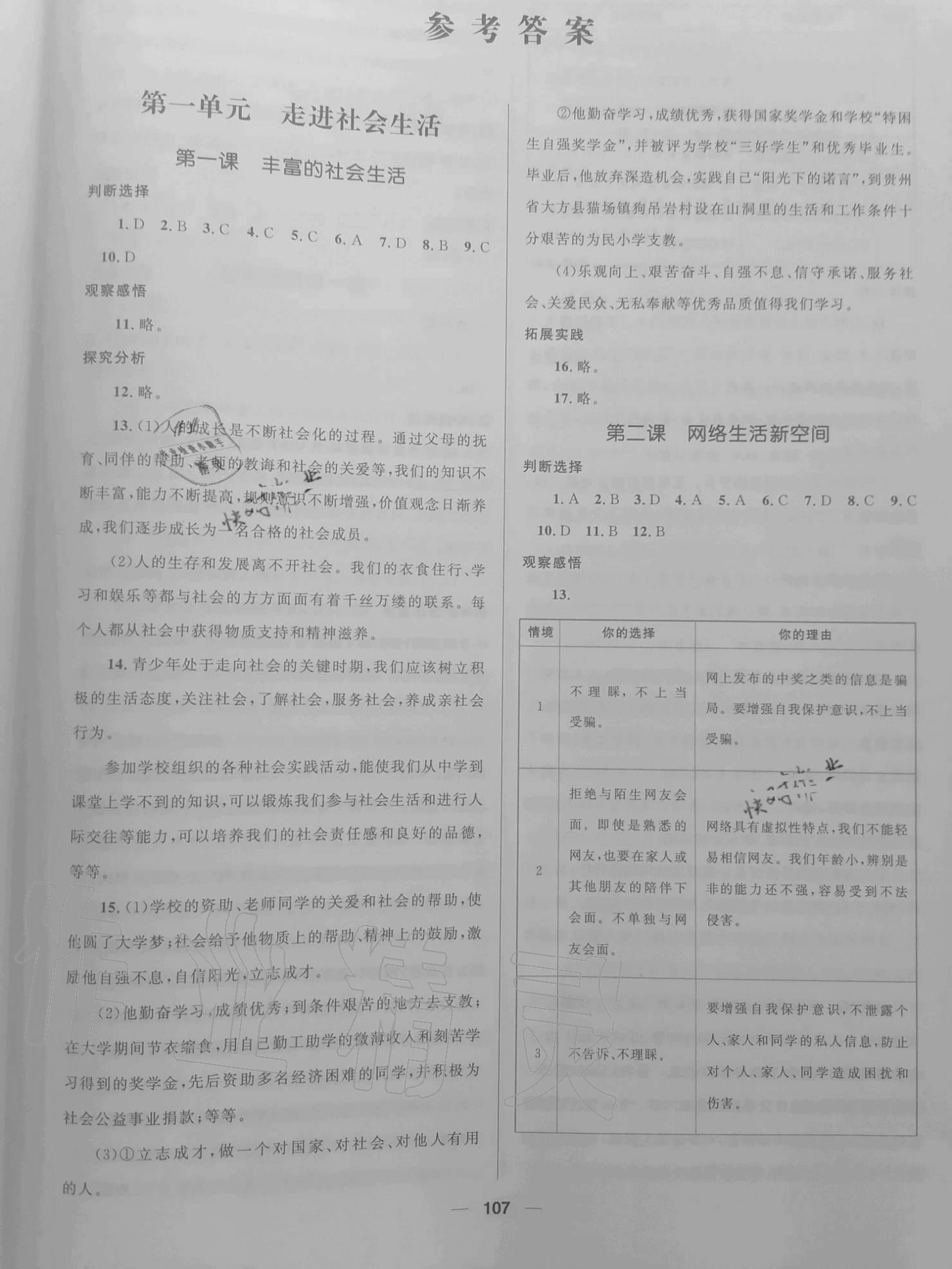 2020年同步测控优化设计资源与评价八年级道德与法治上册人教版 参考答案第1页