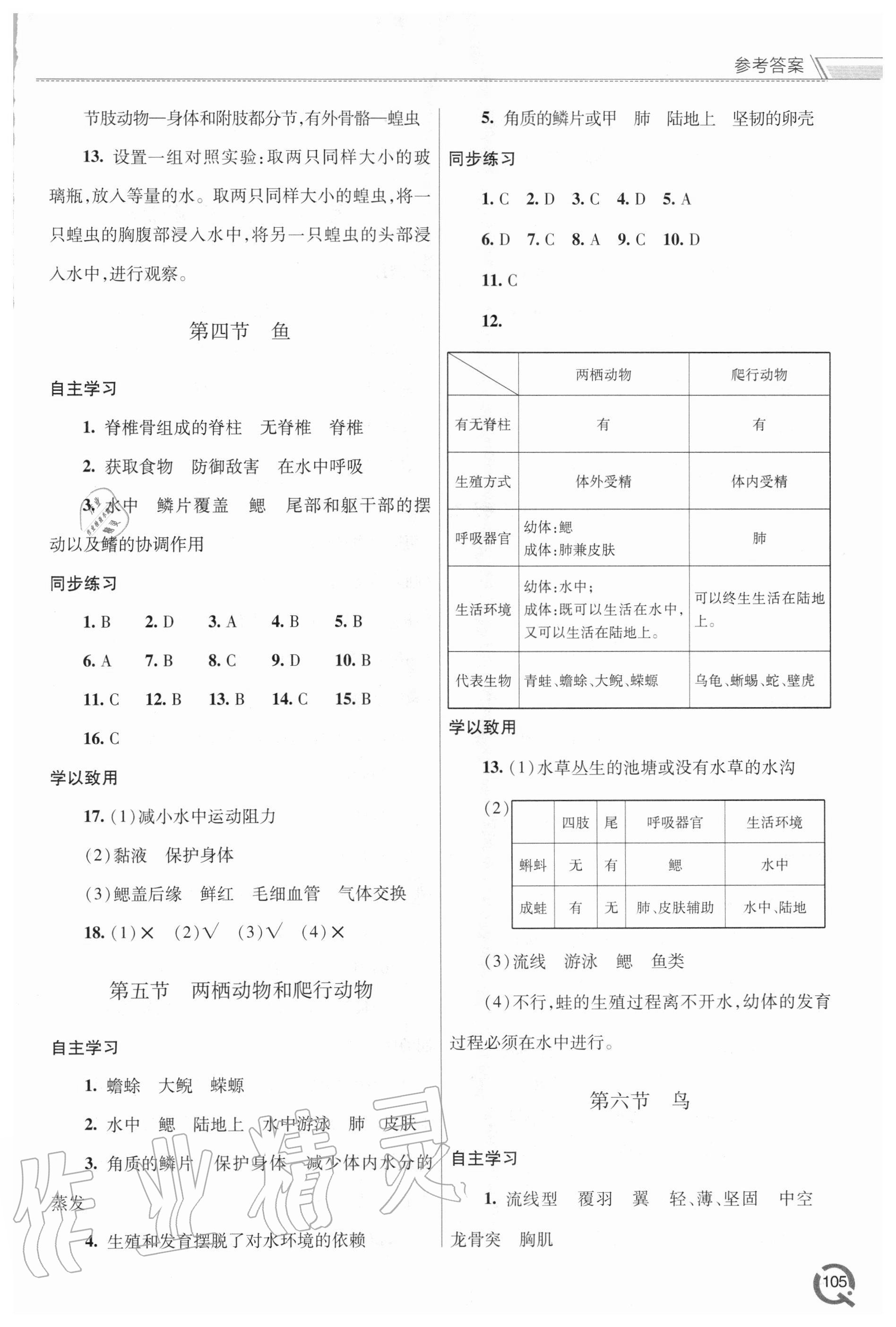 2020年初中同步練習冊八年級生物上冊人教版青島出版社 參考答案第2頁