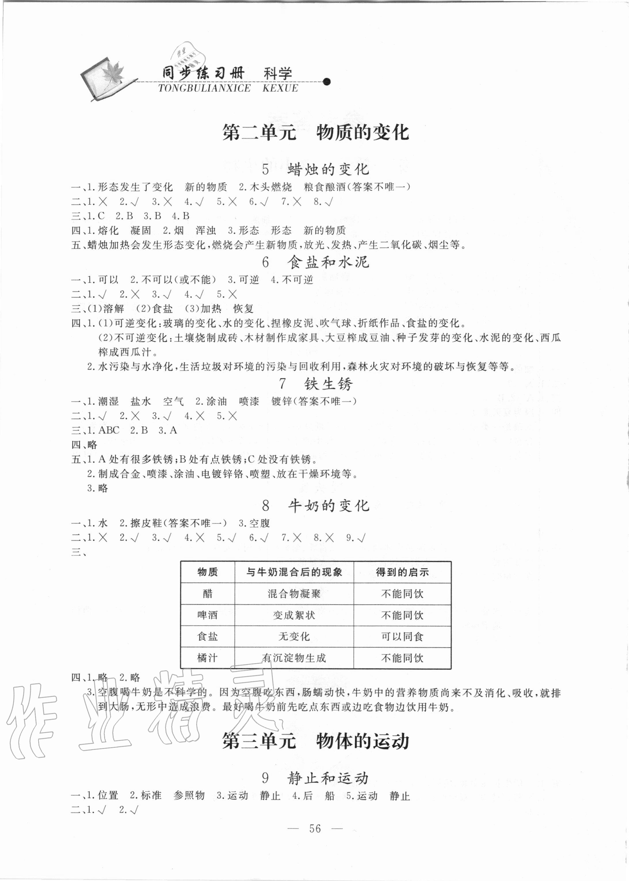 2020年同步練習(xí)冊六年級科學(xué)上冊青島版山東科學(xué)技術(shù)出版社 參考答案第2頁