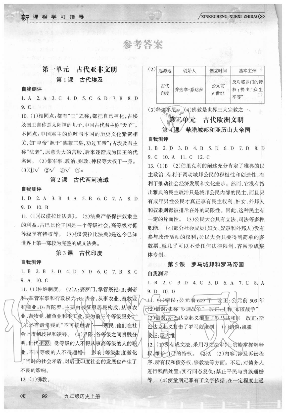 2020年新课程学习指导九年级历史上册人教版南方出版社 参考答案第1页