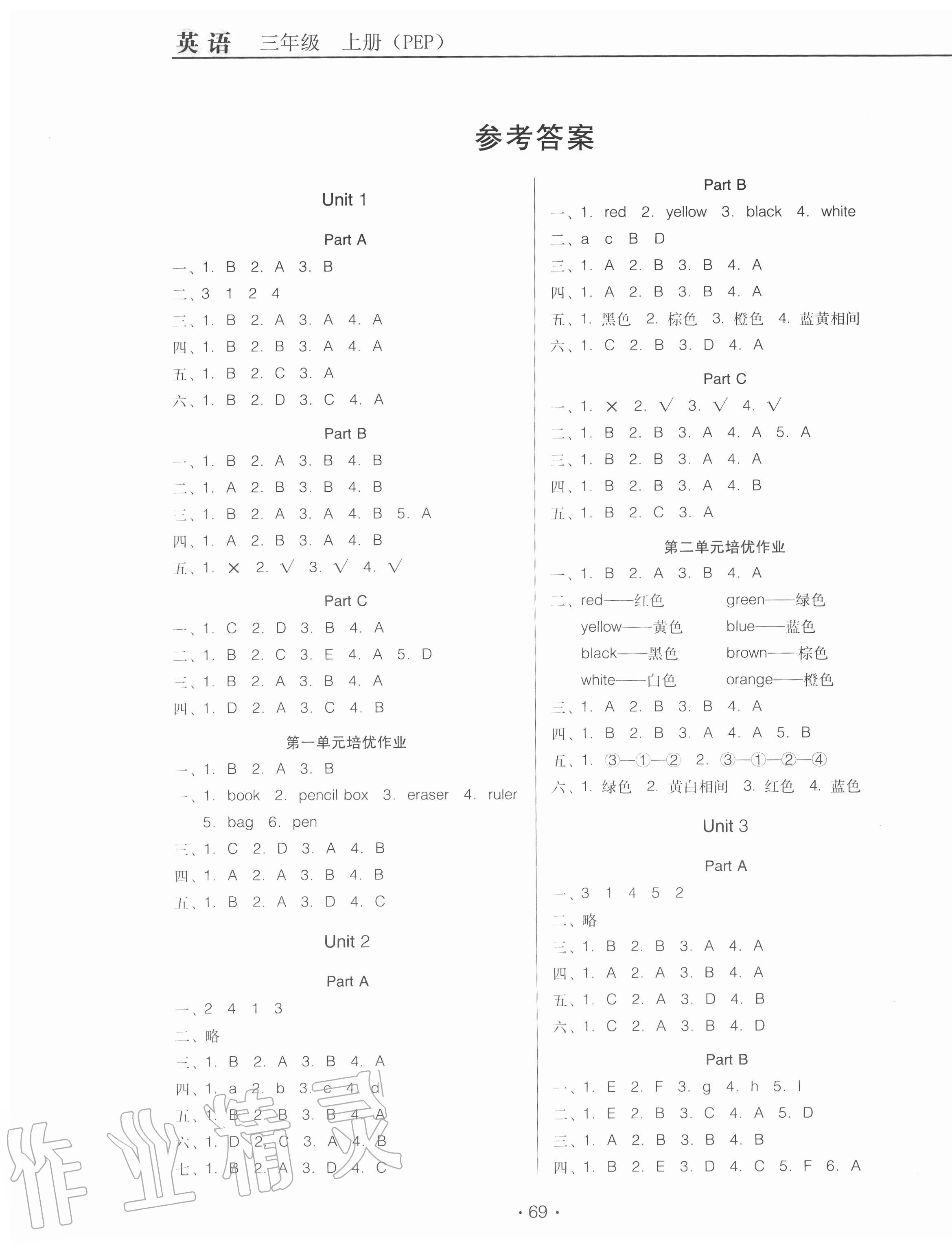 2020年名校名師培優(yōu)作業(yè)本加核心試卷三年級(jí)英語(yǔ)上冊(cè)人教PEP版 參考答案第1頁(yè)