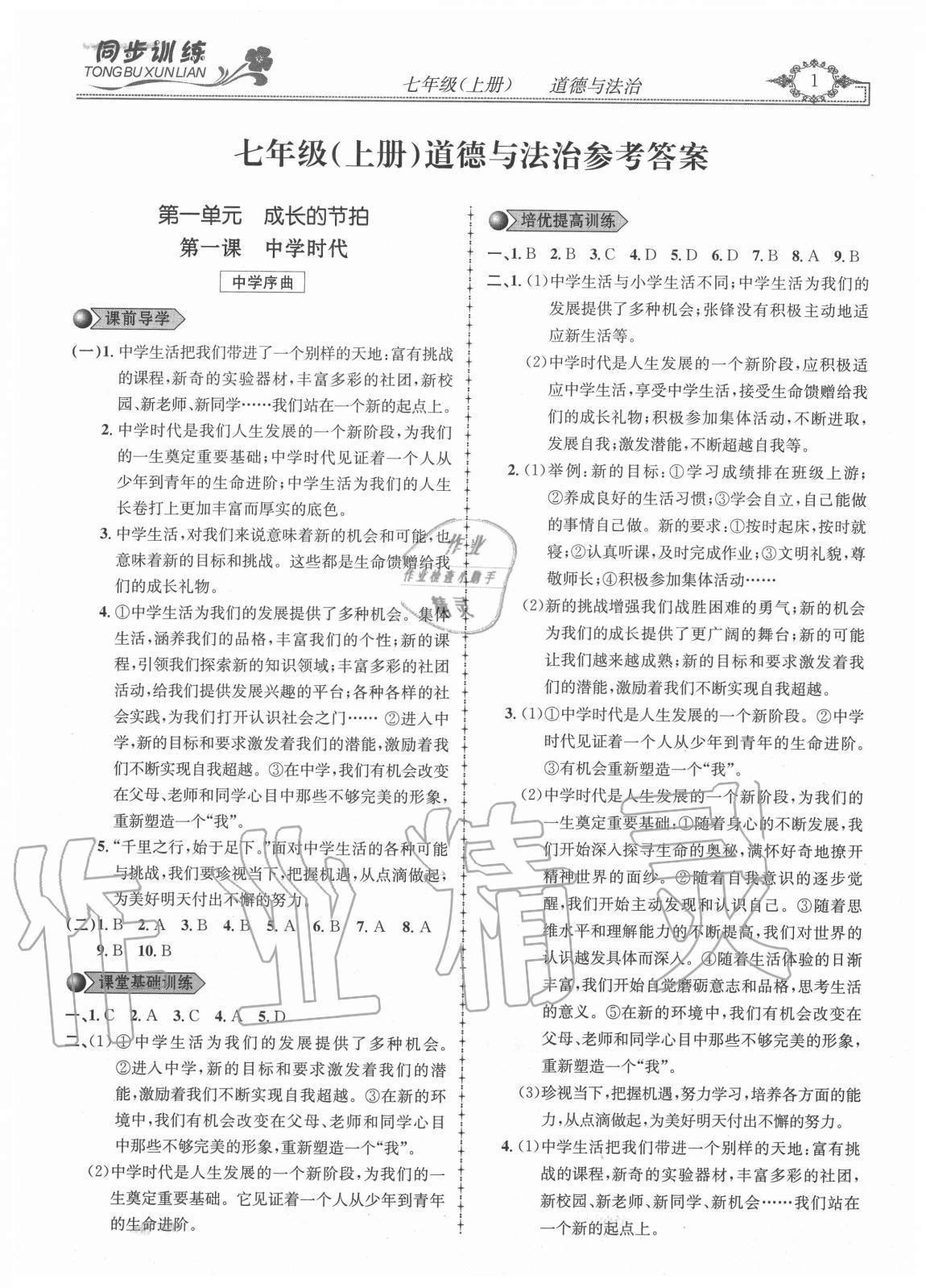 2020年同步訓練創(chuàng)新作業(yè)七年級道德與法治上冊人教版 第1頁