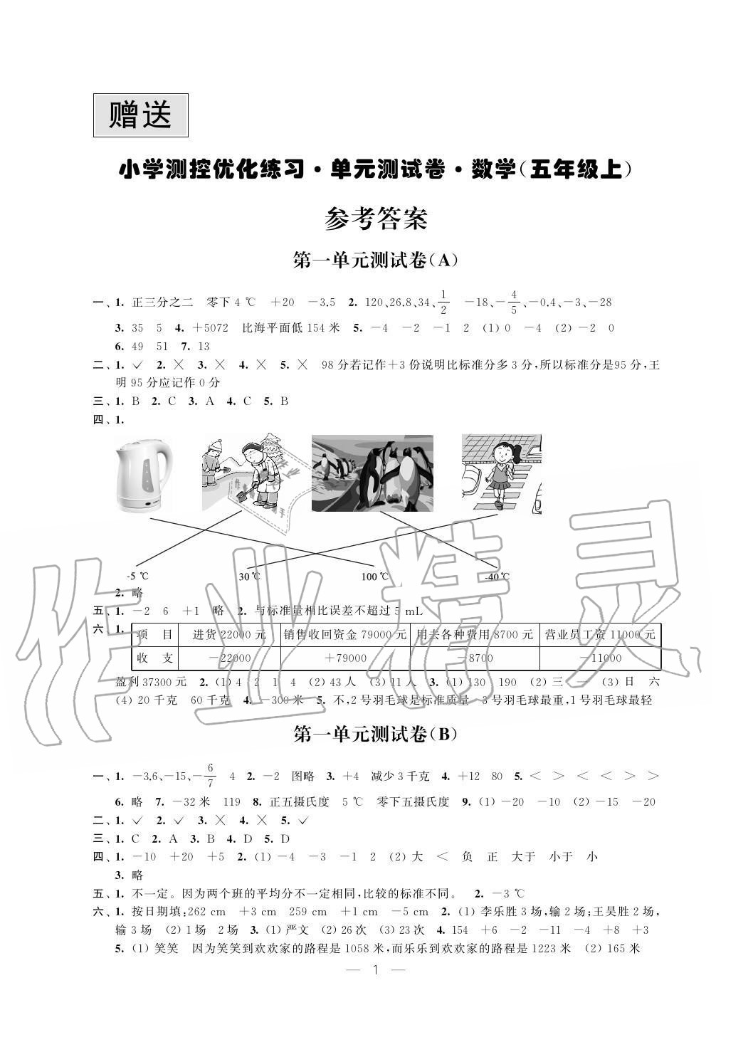 2020年小學測控優(yōu)化練習單元測試卷五年級數(shù)學上冊蘇教版 參考答案第1頁