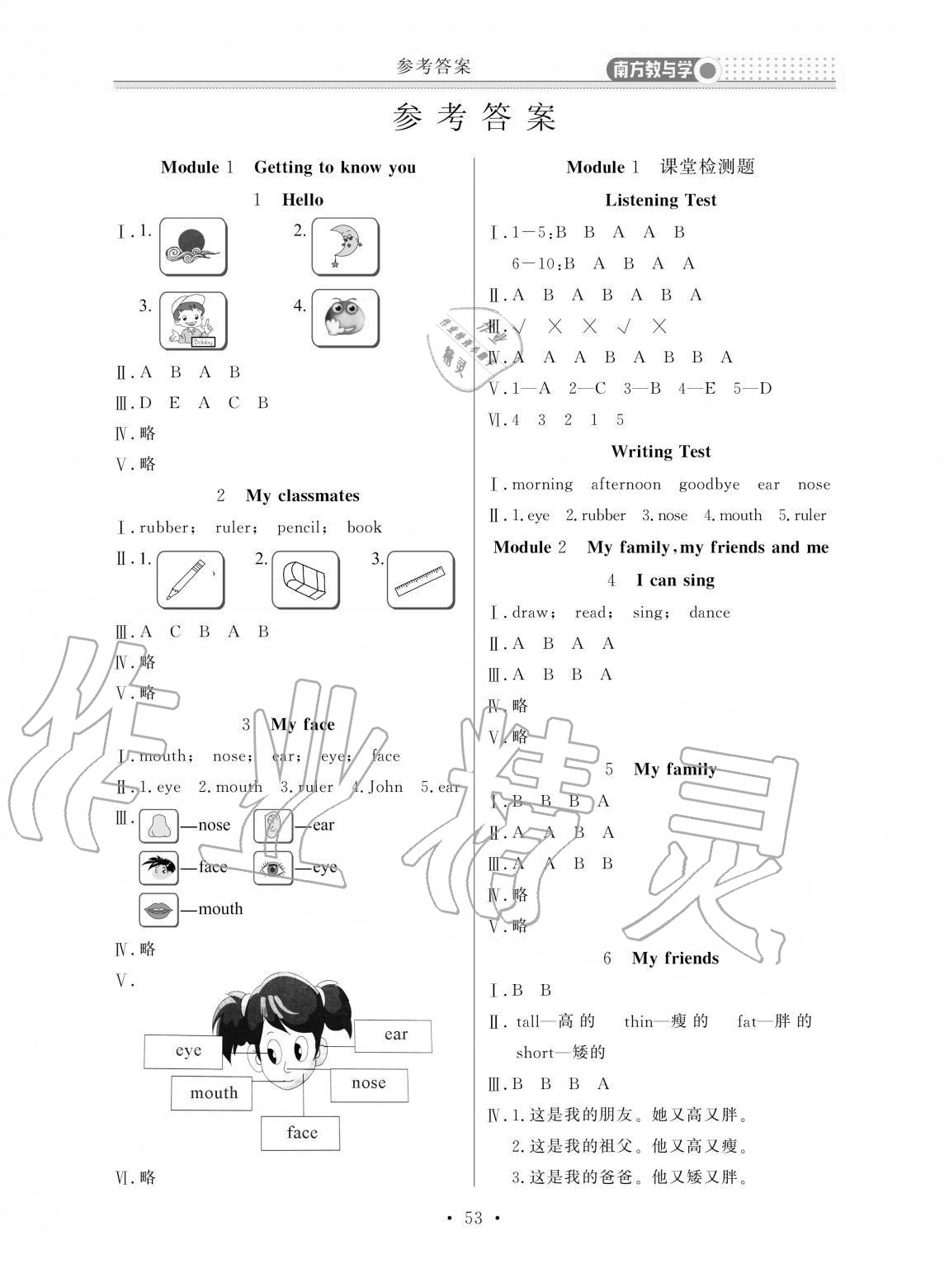 2020年培優A計劃一年級英語上冊滬教版深圳專版 參考答案第1頁