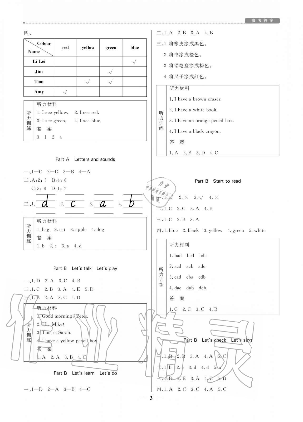 2020年培優A計劃三年級英語上冊人教PEP版 參考答案第3頁