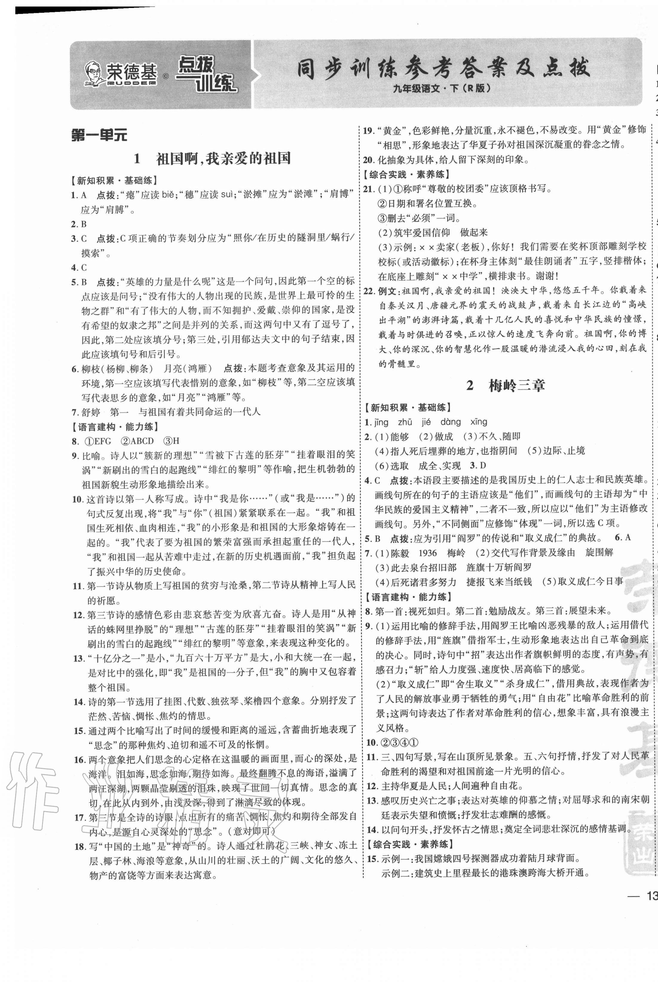 2021年点拨训练九年级语文下册人教版 参考答案第1页