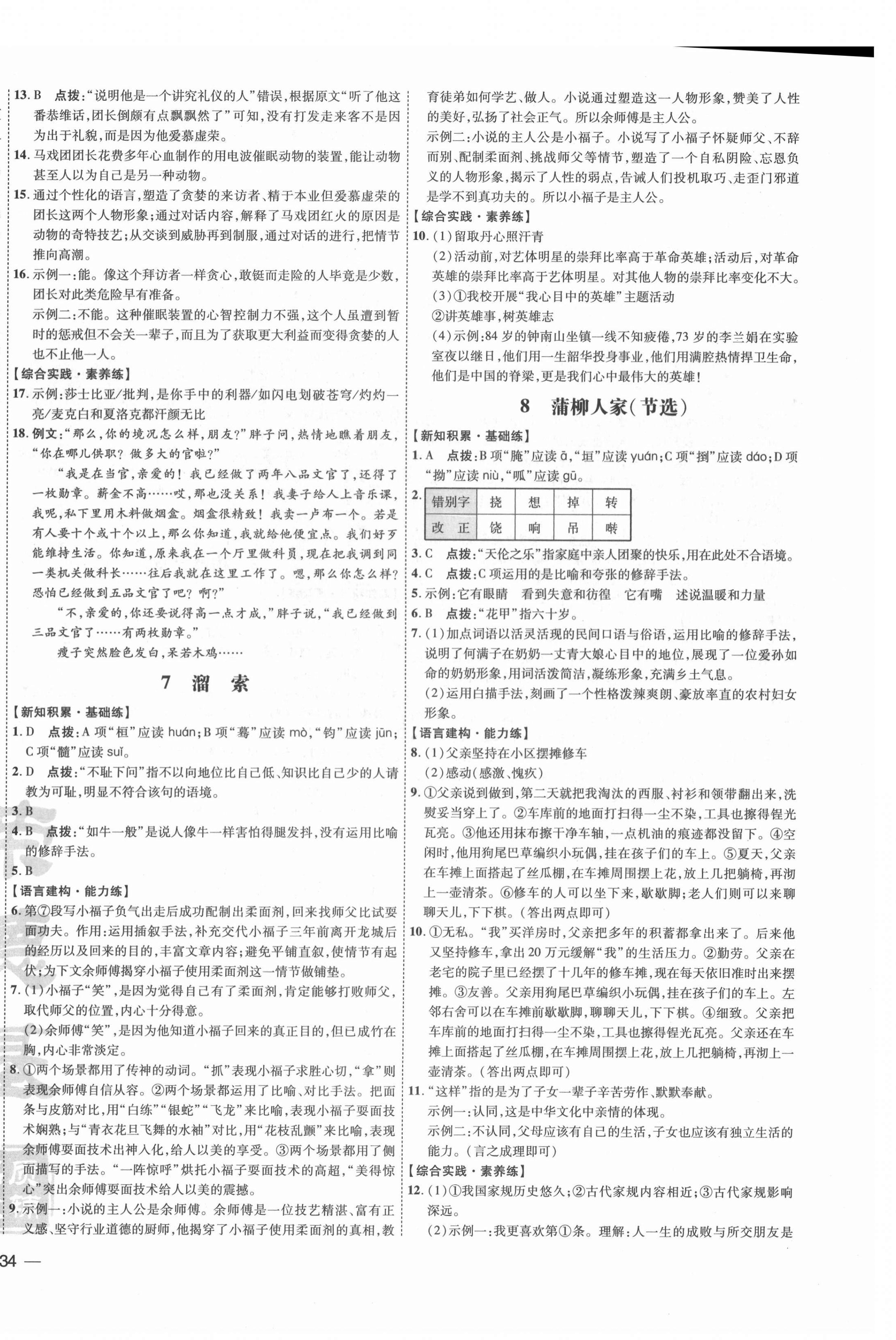 2021年点拨训练九年级语文下册人教版 参考答案第4页