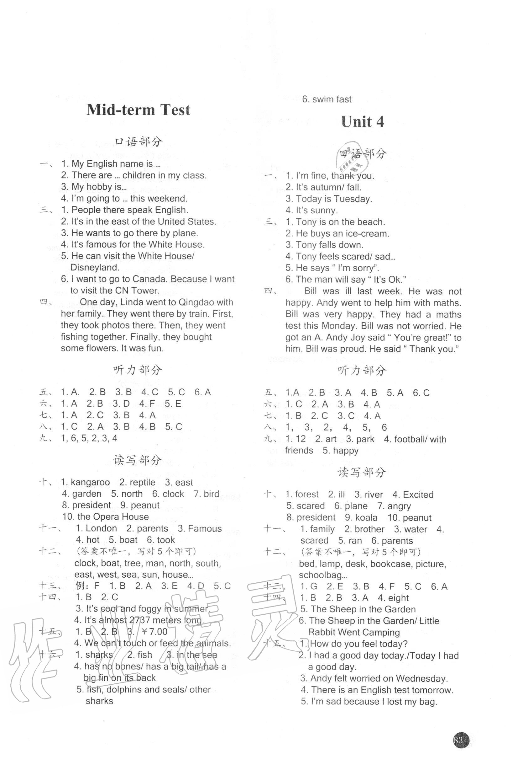 2020年小学英语进阶训练六年级上册人教新起点 参考答案第3页