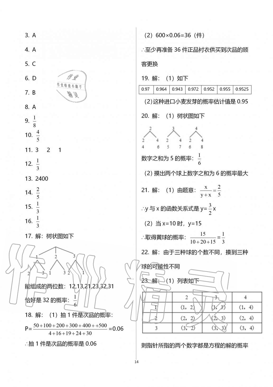 2020年同步課時精練九年級數(shù)學(xué)全一冊浙教版 參考答案第14頁