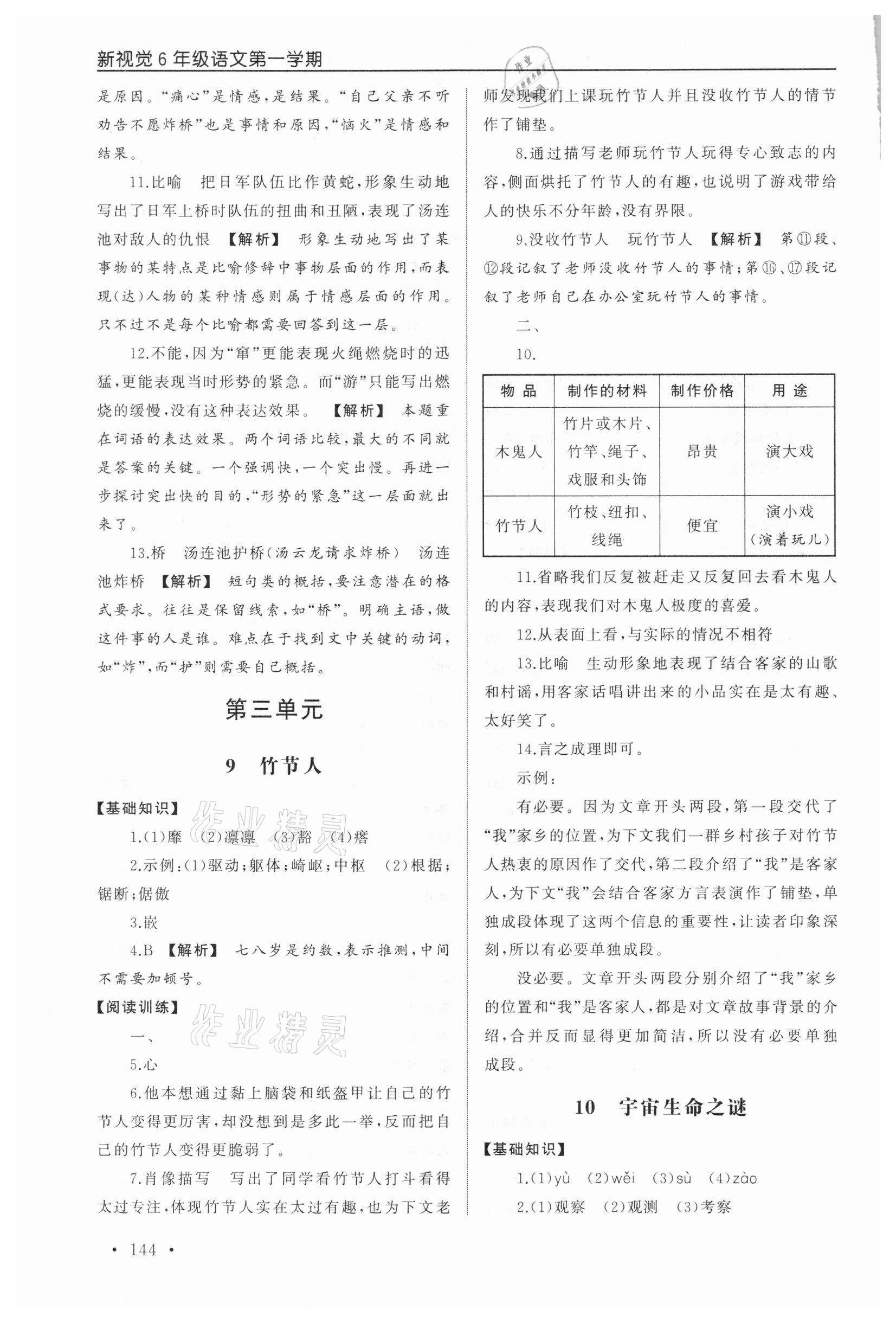 2020年新视觉六年级语文第一学期人教版54制 参考答案第6页