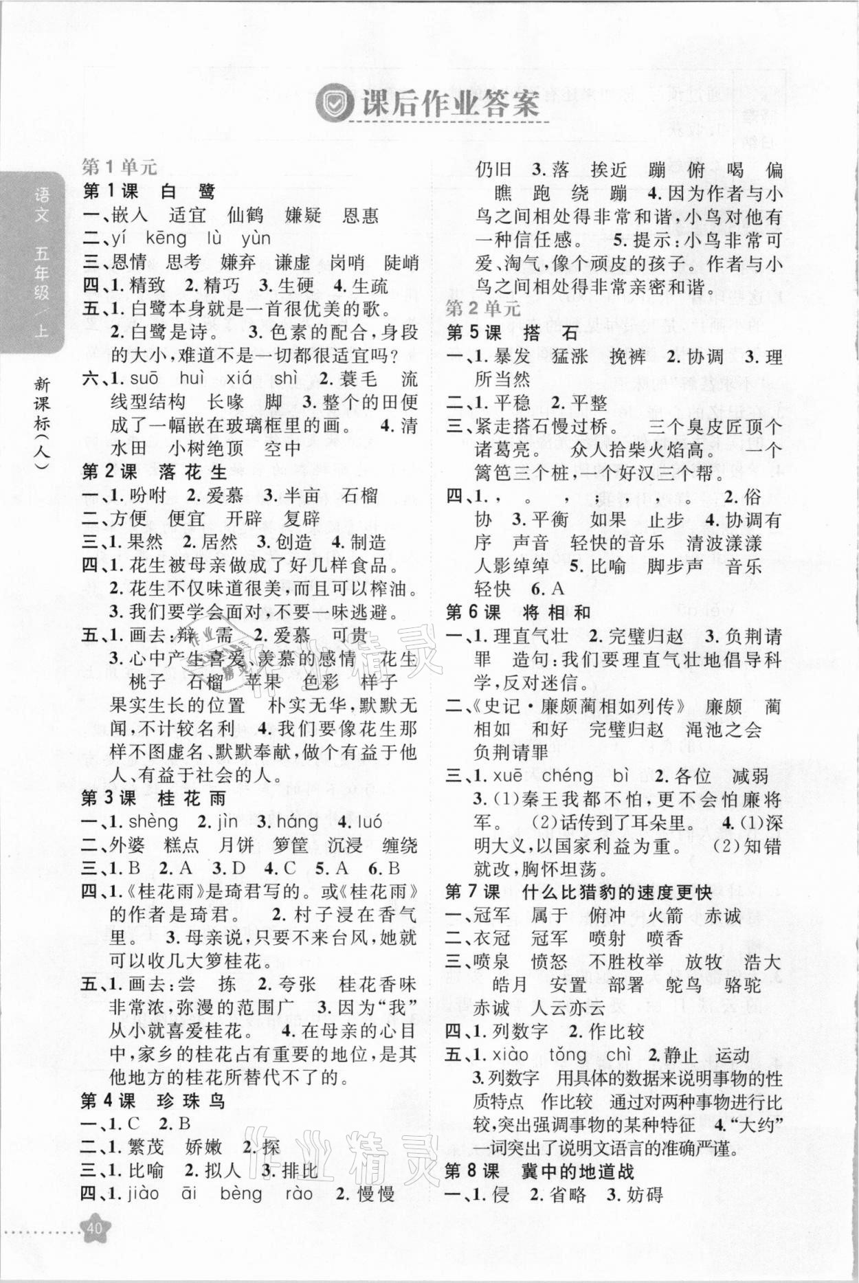 2020年小学教材完全解读五年级语文上册人教版 参考答案第1页