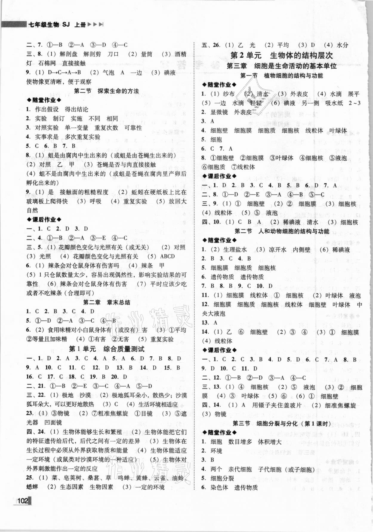 2020年辽宁作业分层培优学案七年级生物上册苏教版 参考答案第2页