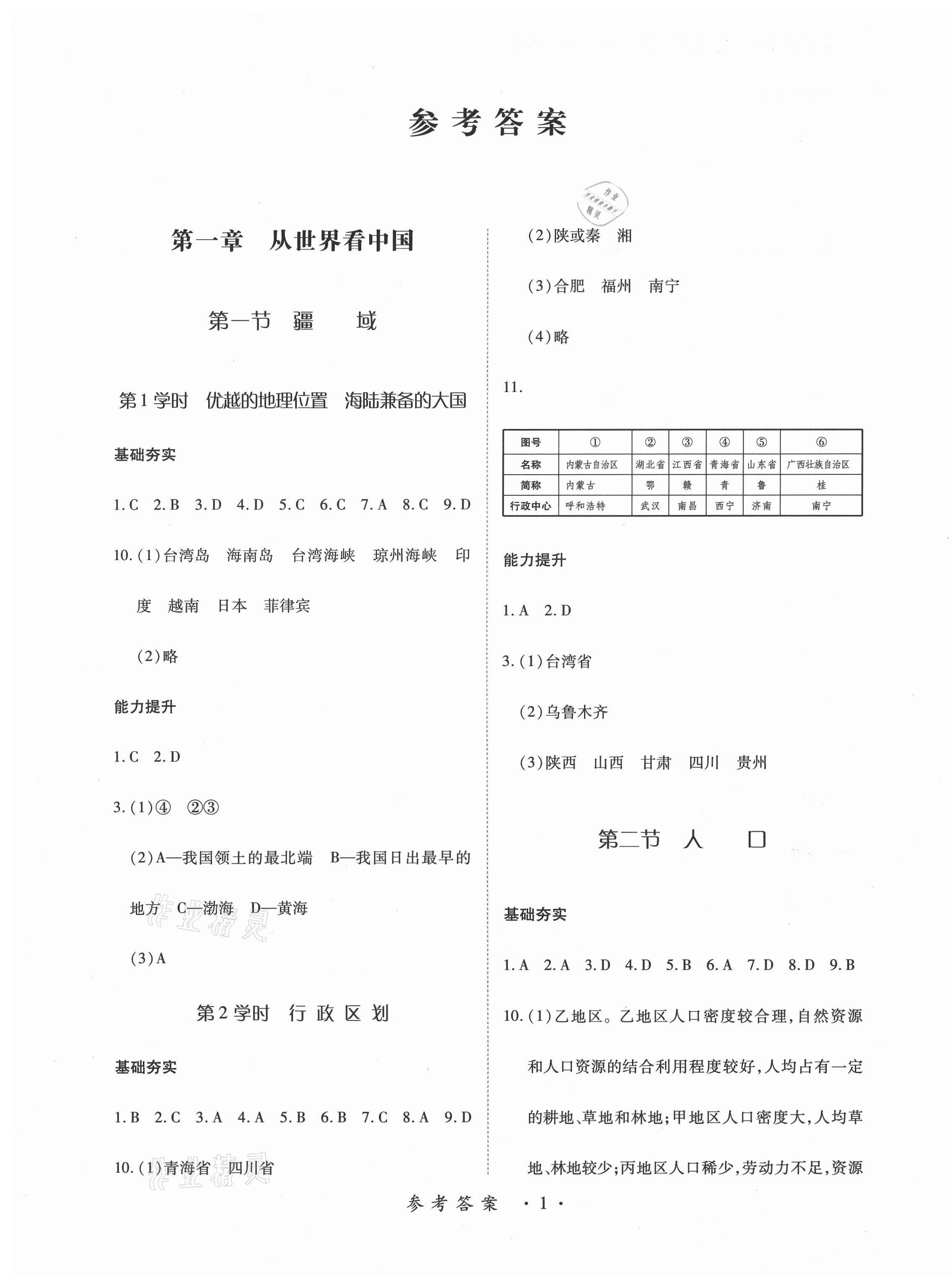 2020年一課一案創(chuàng)新導學八年級地理上冊人教版合訂本 參考答案第1頁