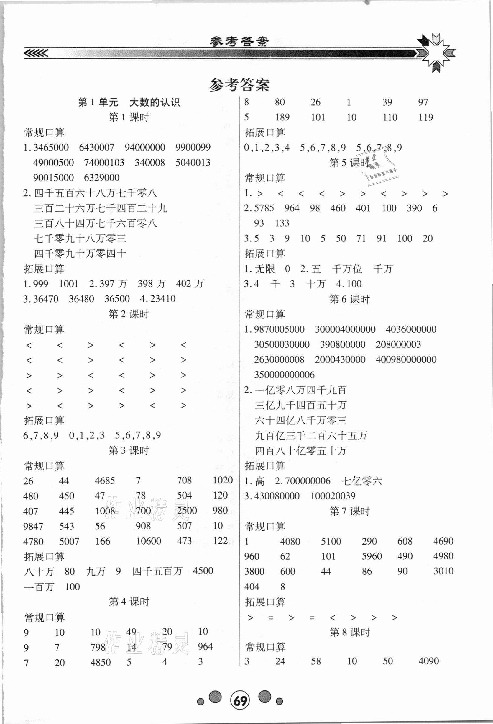 2020年研優口算題卡四年級數學上冊人教版 第1頁