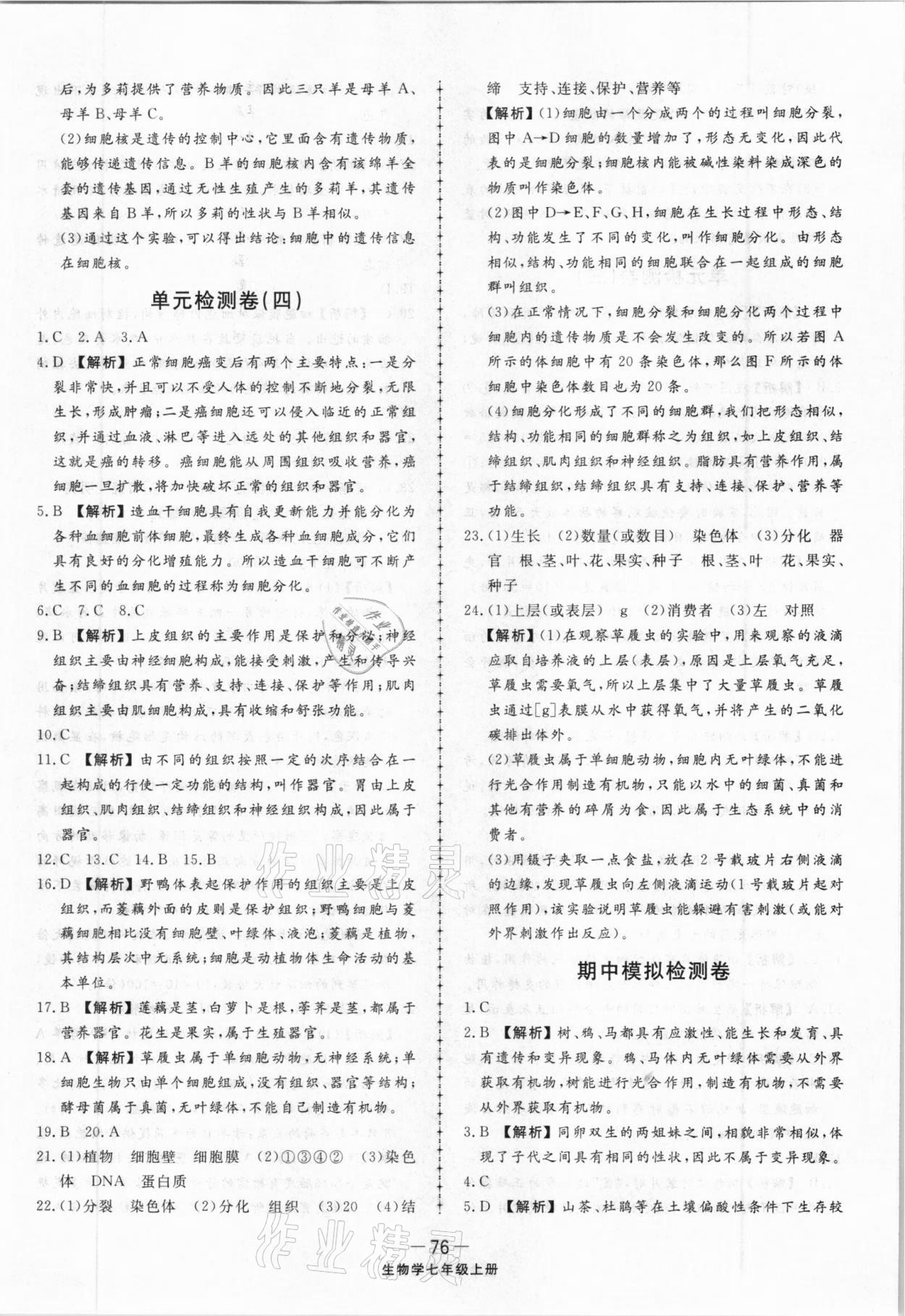 2020年同步练习册配套单元检测卷七年级生物学上册人教版 第4页