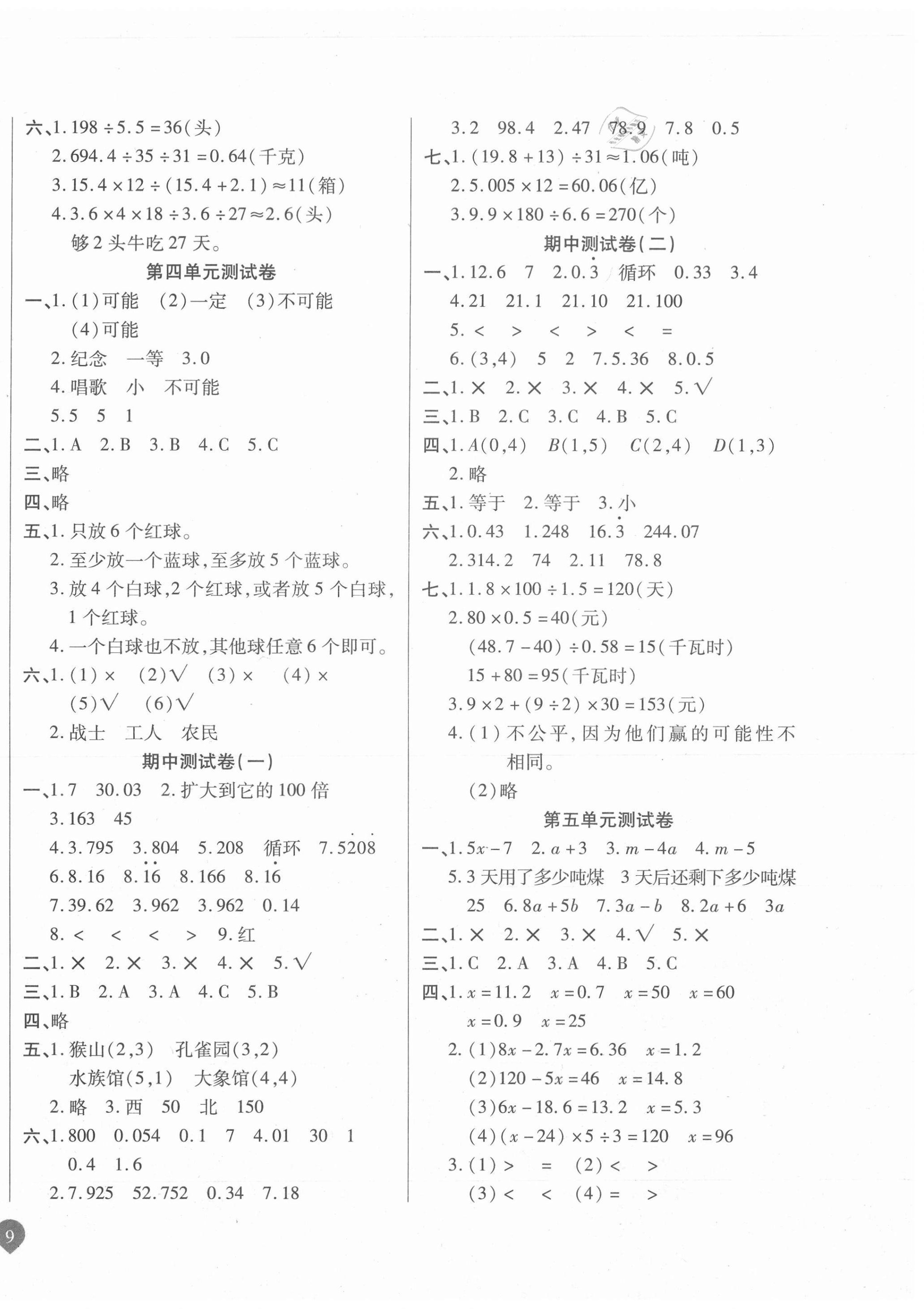 2020年名師彩卷五年級數(shù)學(xué)上冊人教版 參考答案第2頁