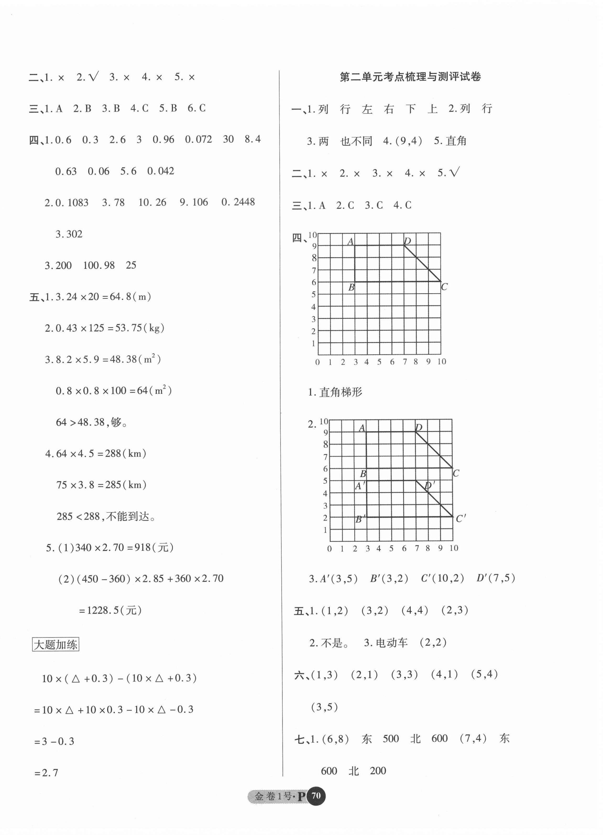 2020年金卷1號五年級數(shù)學上冊人教版 參考答案第2頁