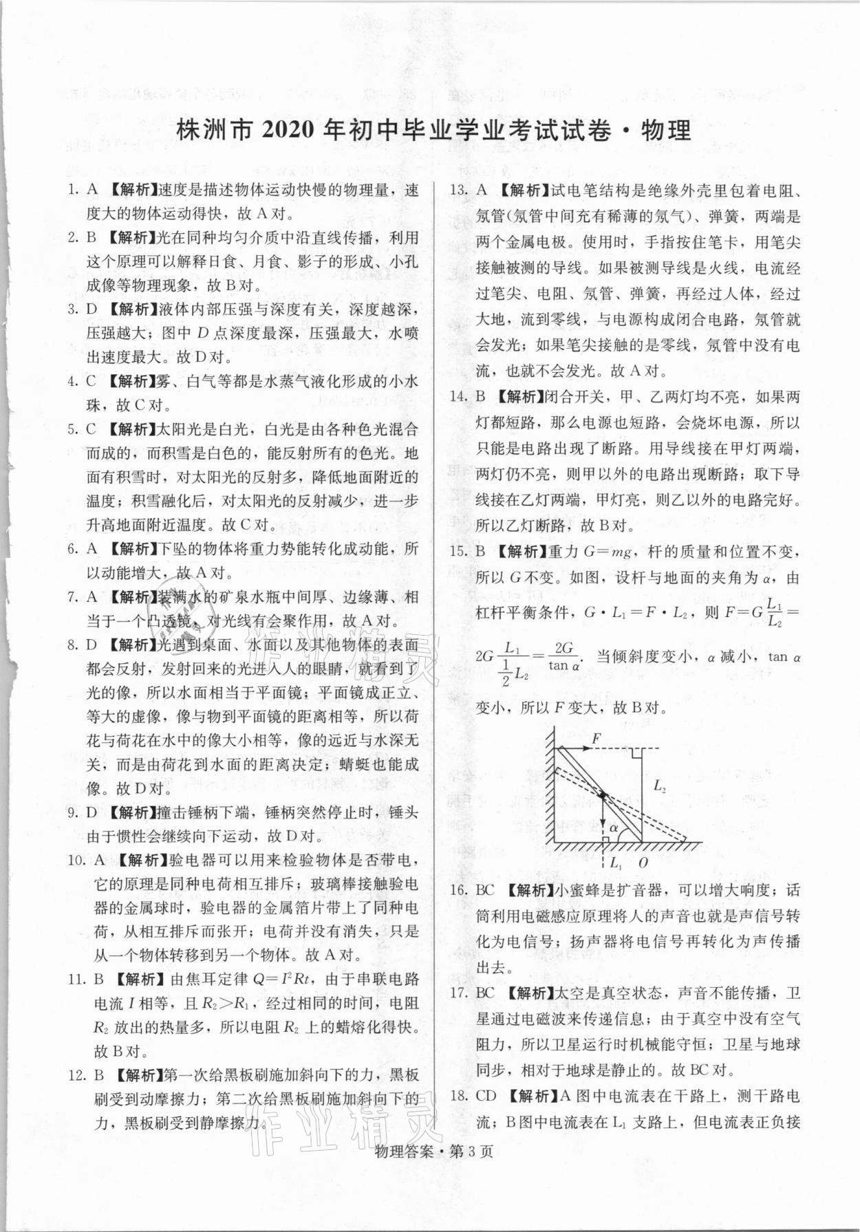 2021年湖南中考必備物理人教版 參考答案第3頁