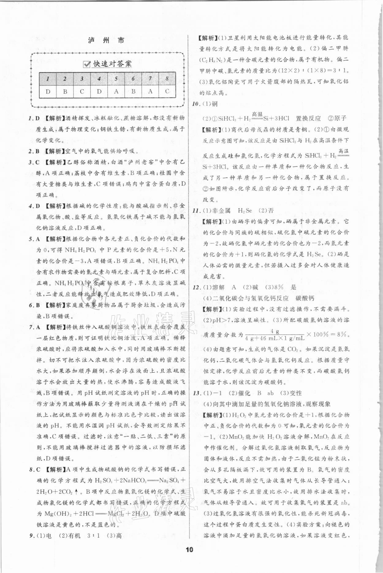 2021年中考必备化学辽宁师范大学出版社四川专版 参考答案第10页