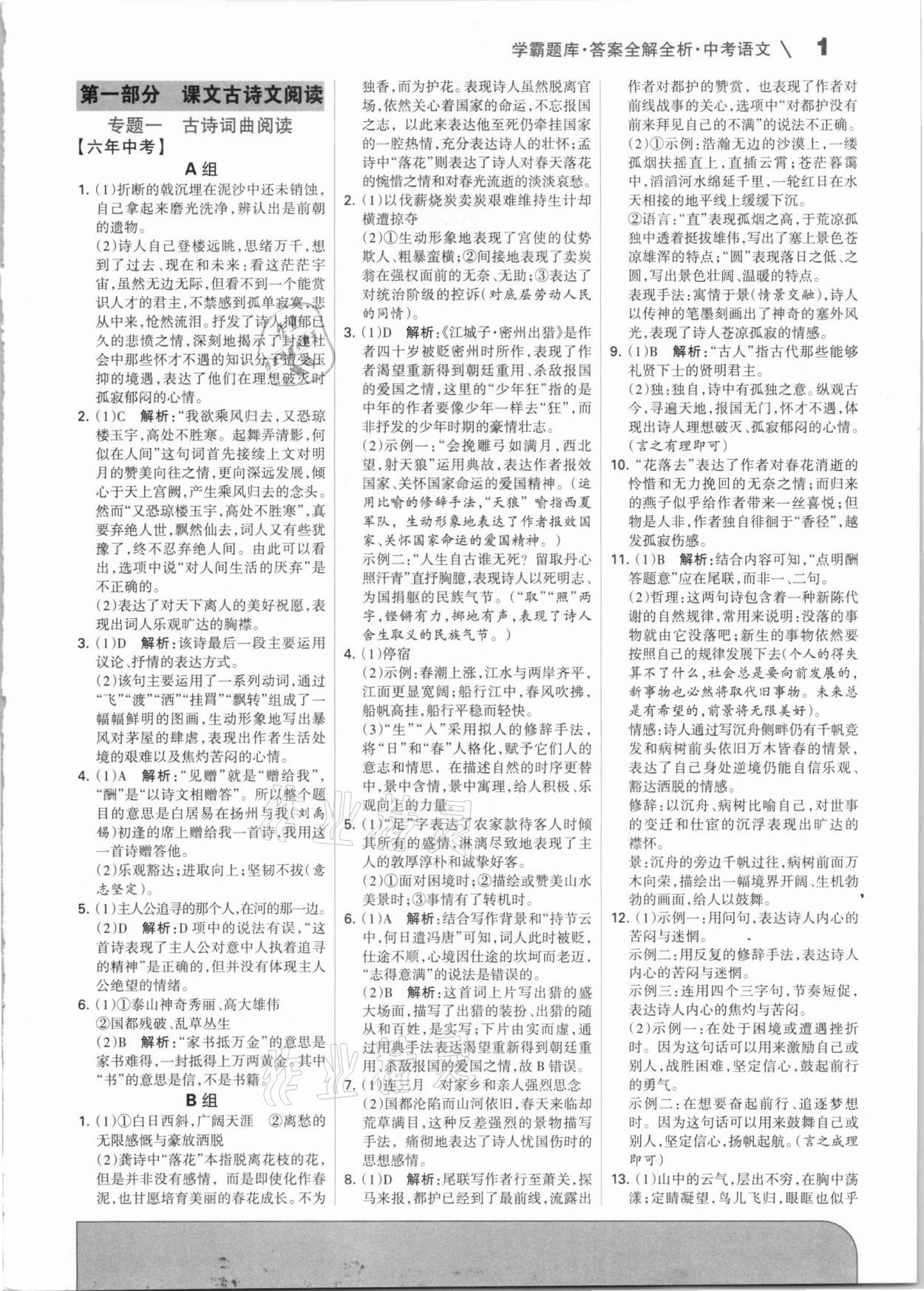 2021年學霸題庫中考語文河北專版 參考答案第1頁