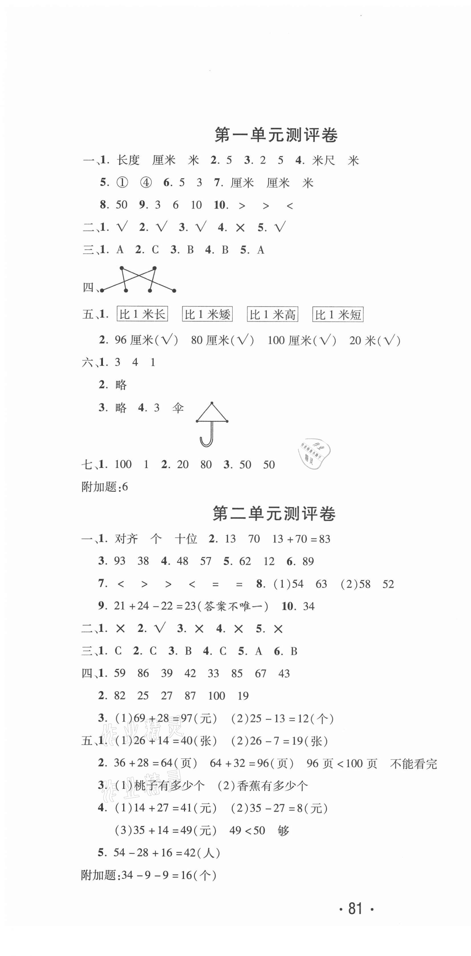 2020年创新考王完全试卷二年级数学上册人教版 参考答案第1页