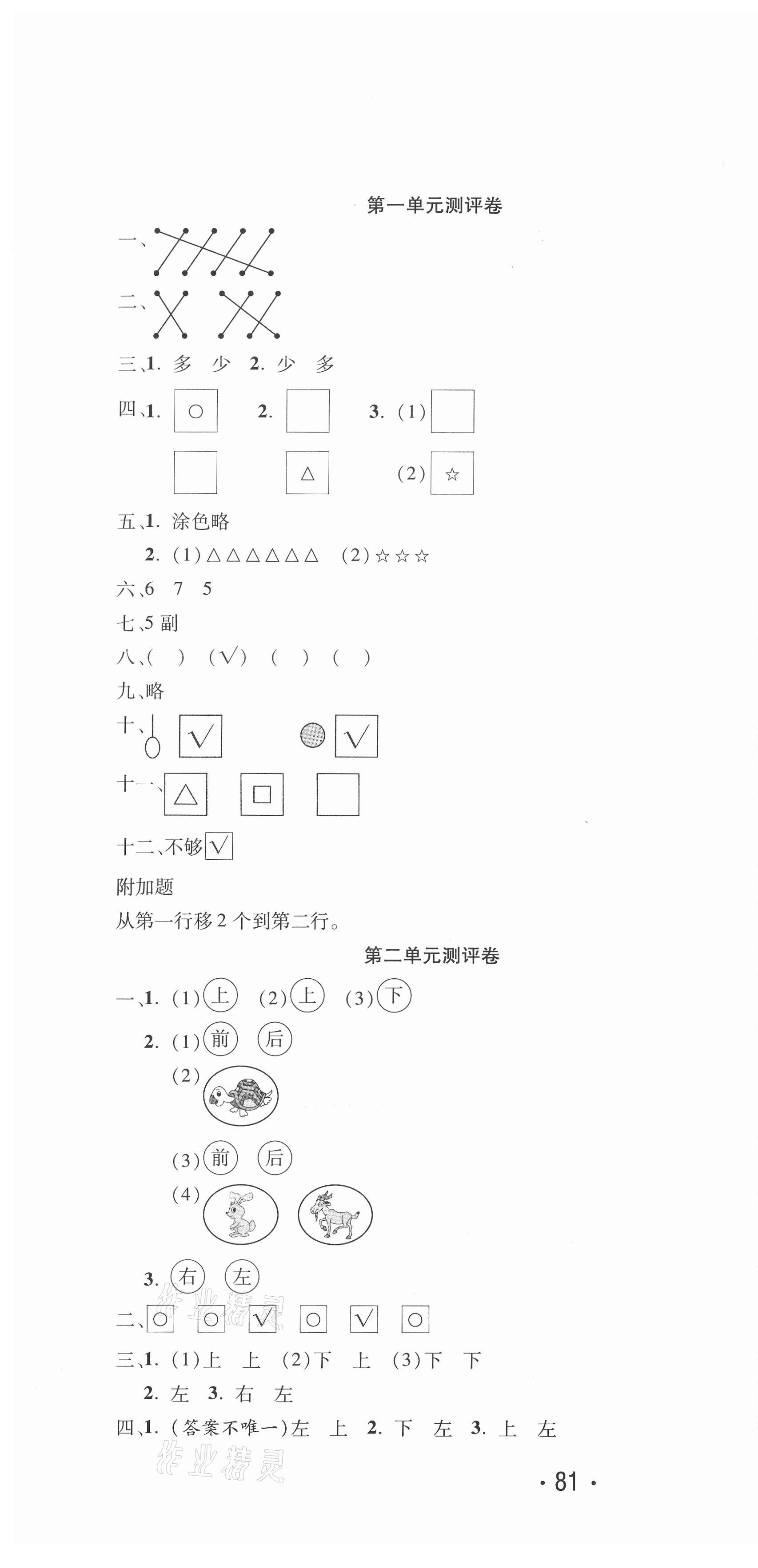 2020年创新考王完全试卷一年级数学上册人教版 参考答案第1页