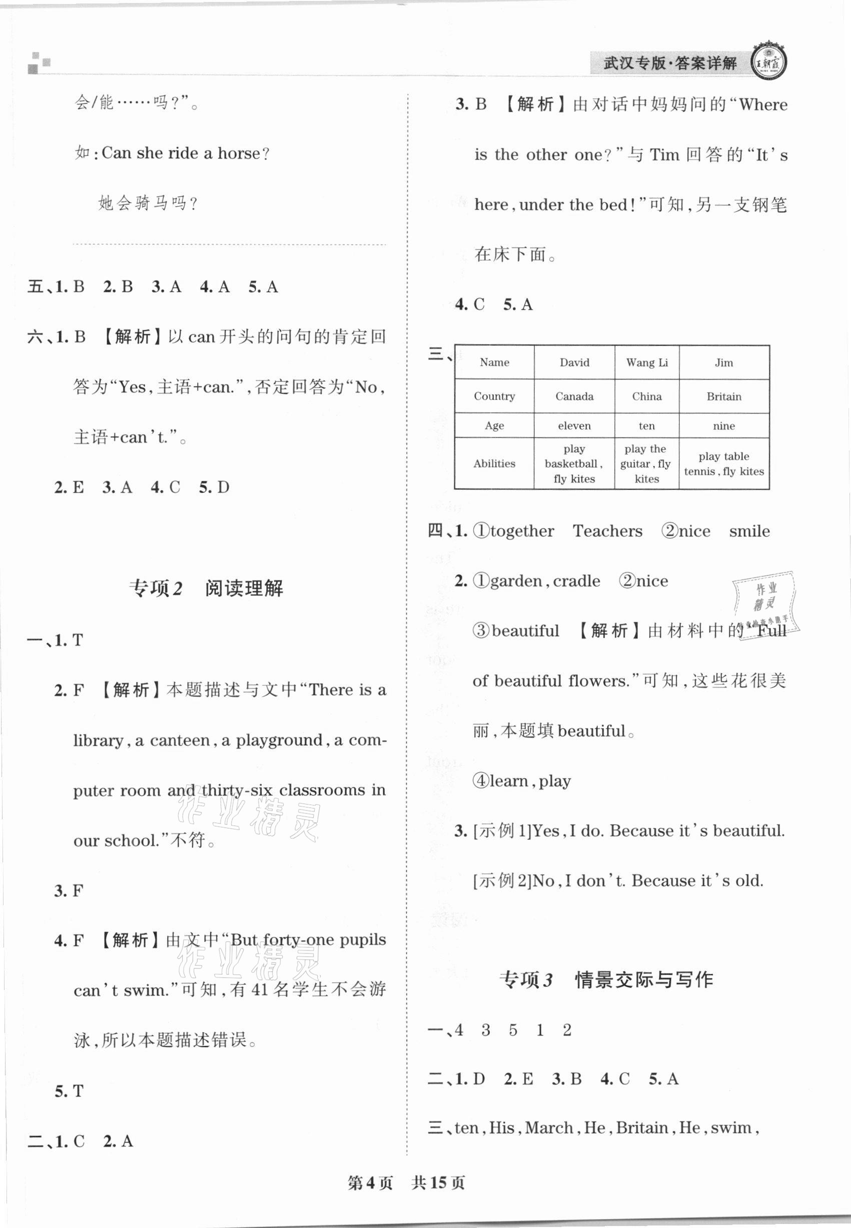 2020年王朝霞期末真题精编四年级英语上册剑桥版武汉专版 参考答案第4页