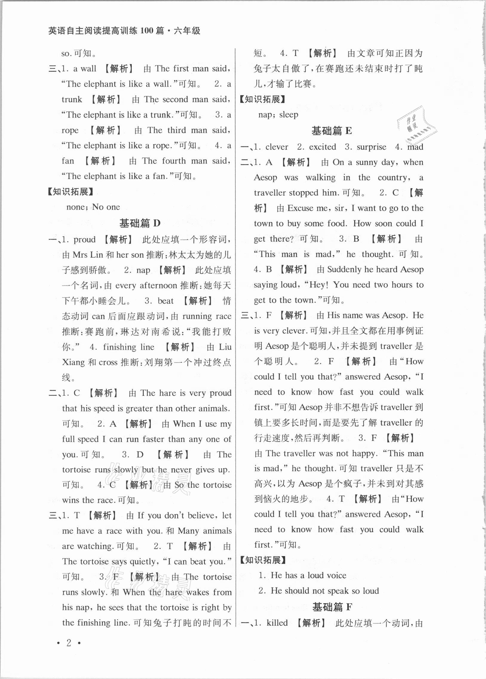 2020年英語自主閱讀提高訓(xùn)練100篇六年級 參考答案第2頁