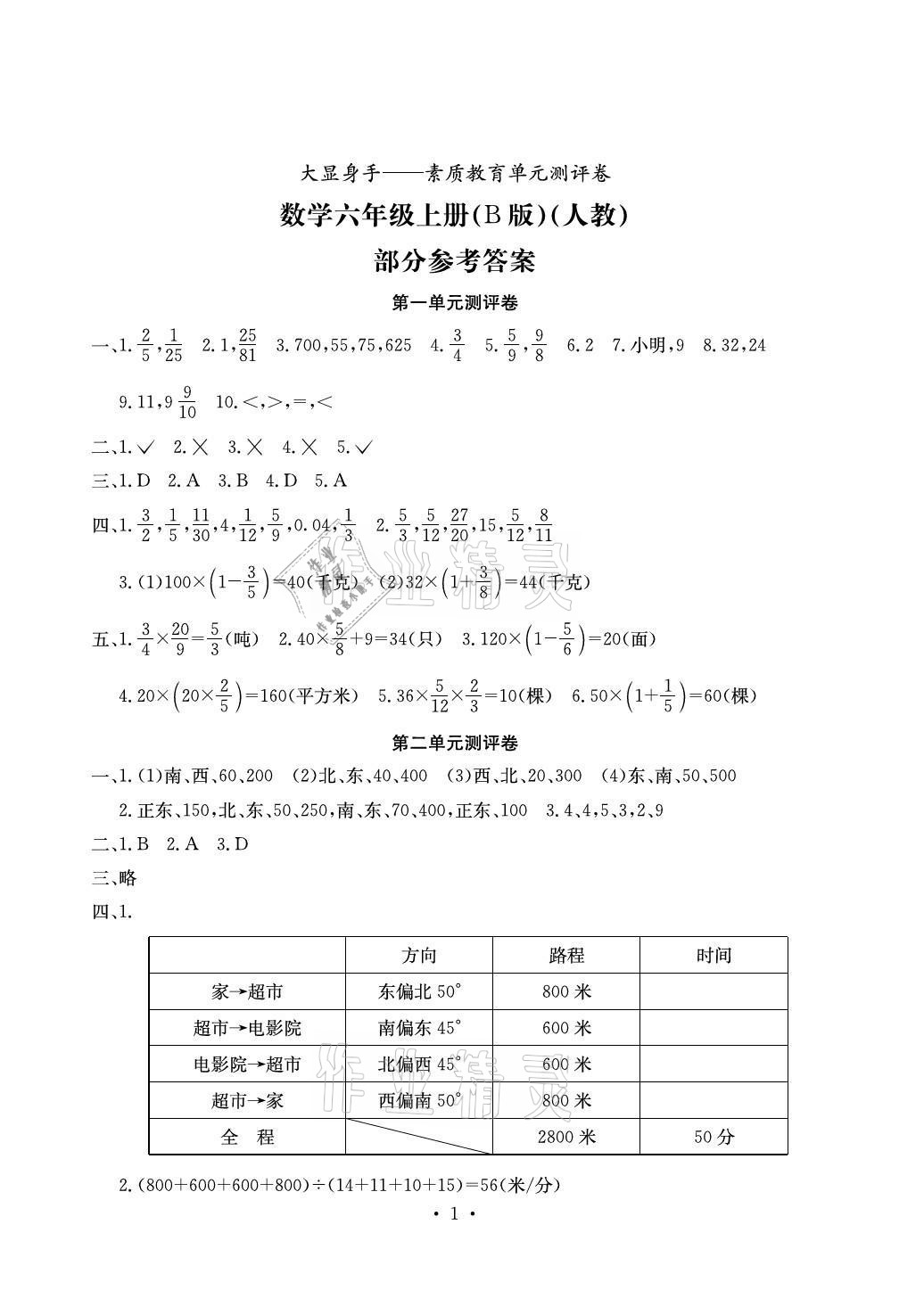 2020年大顯身手素質(zhì)教育單元測評卷六年級數(shù)學(xué)上冊人教版B版百色專版 參考答案第1頁